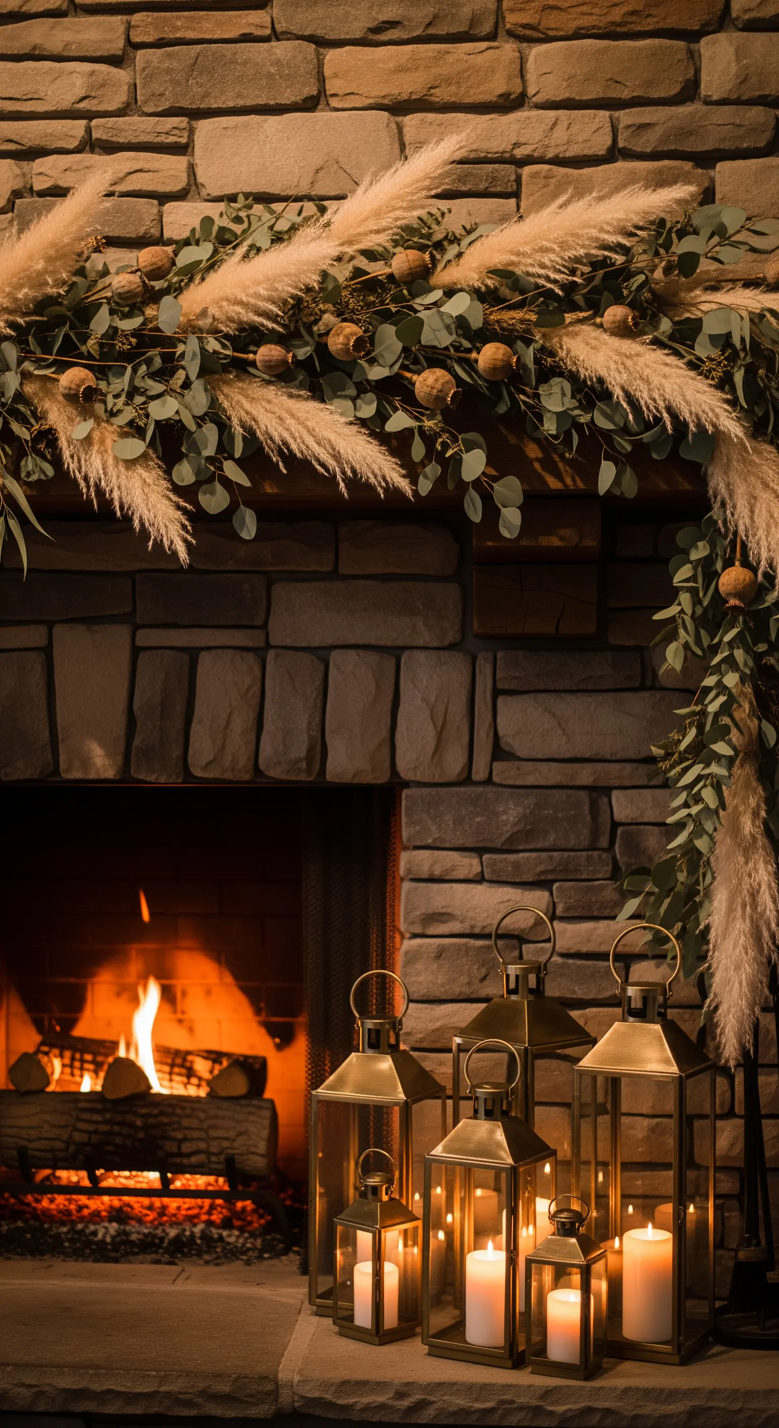 Kamin Deko, Pampasgras Girlande, Laternen, Herbst