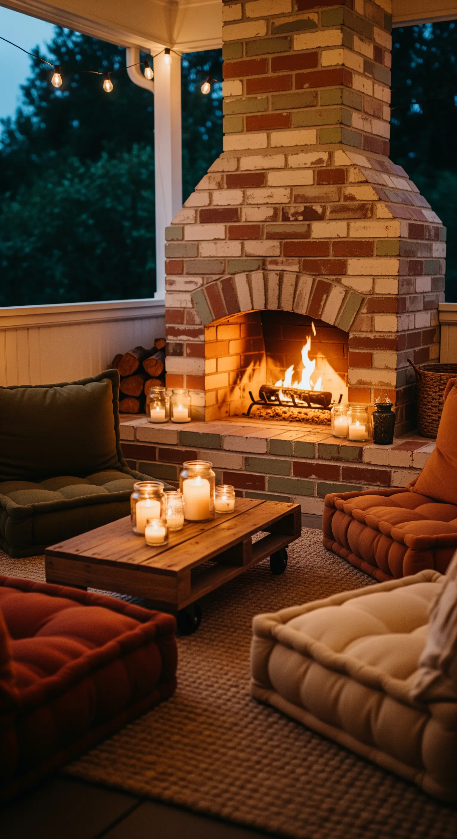 Veranda mit gemauertem Kamin, Bodenkissen, Paletten-Couchtisch und Kerzen