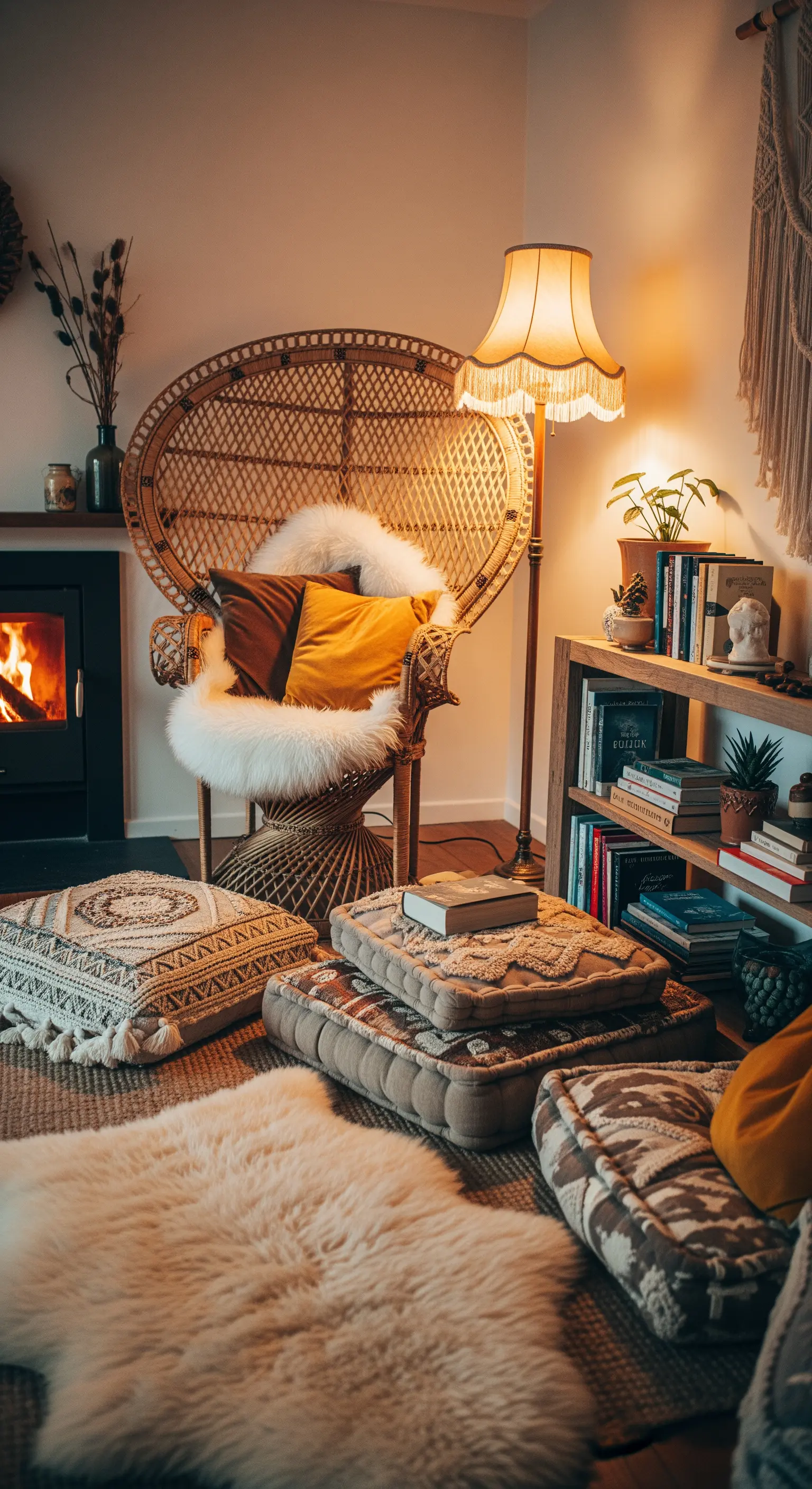 Boho-Leseecke mit Pfauensessel, Bodenkissen und Kaminstimmung am Abend.