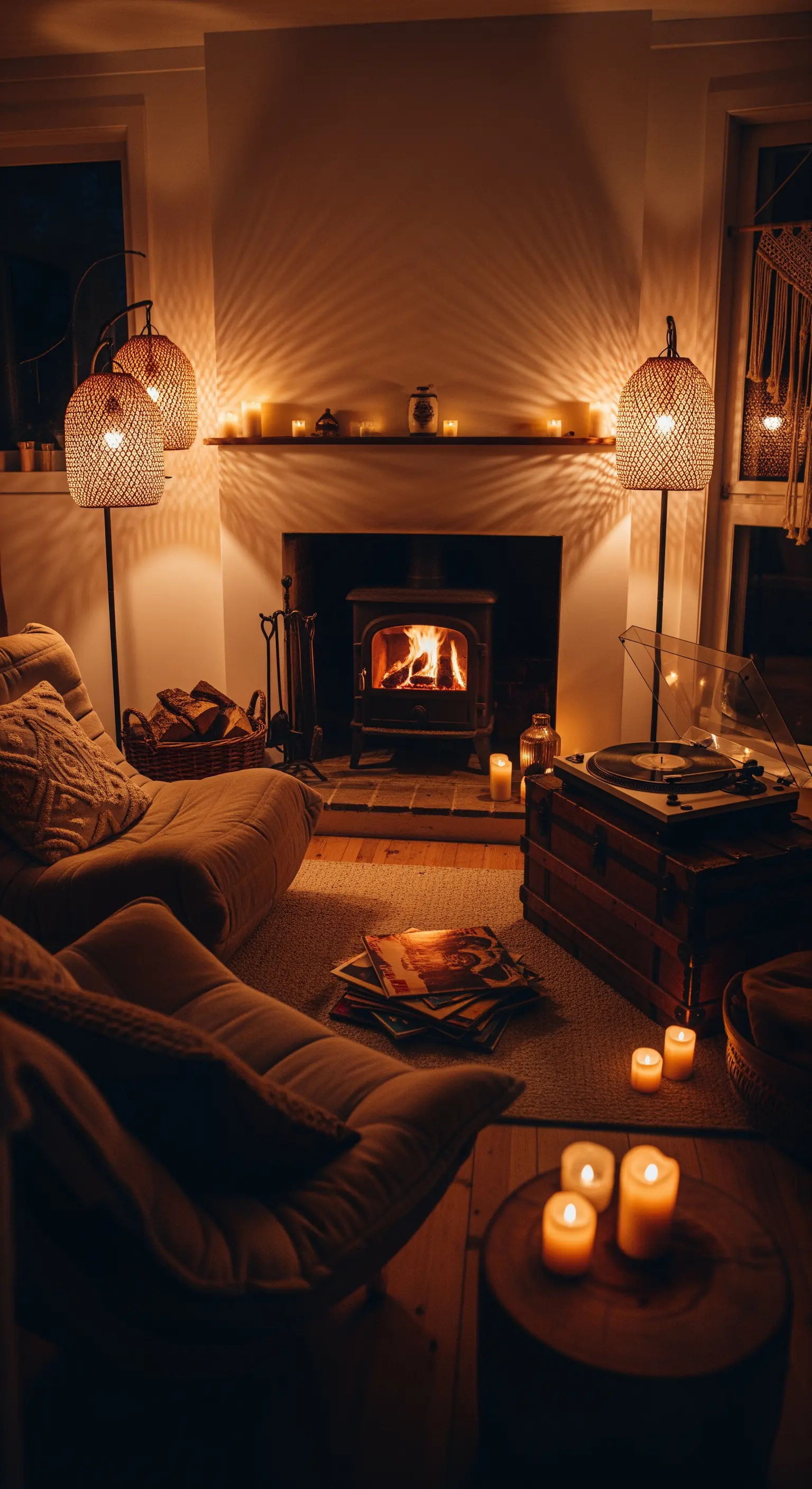 Gemütliches Wohnzimmer bei Kerzenschein mit Kamin und Plattenspieler