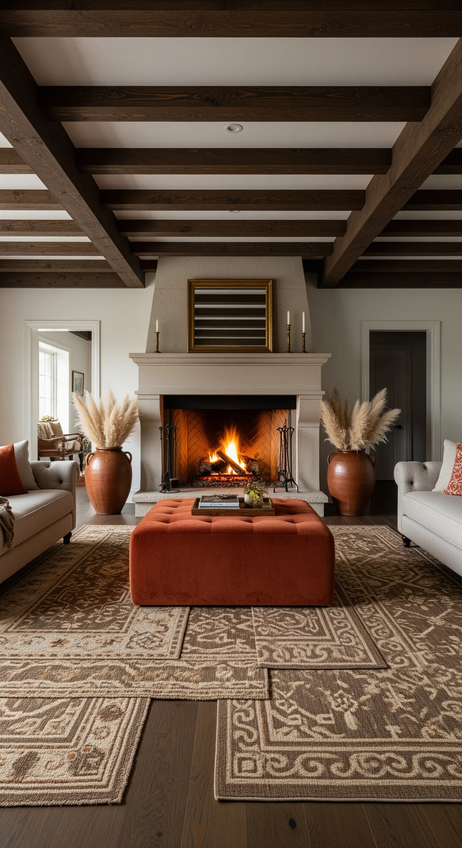 Kamin mit Pampasgras-Vasen, Samt-Pouf und gemustertem Teppich