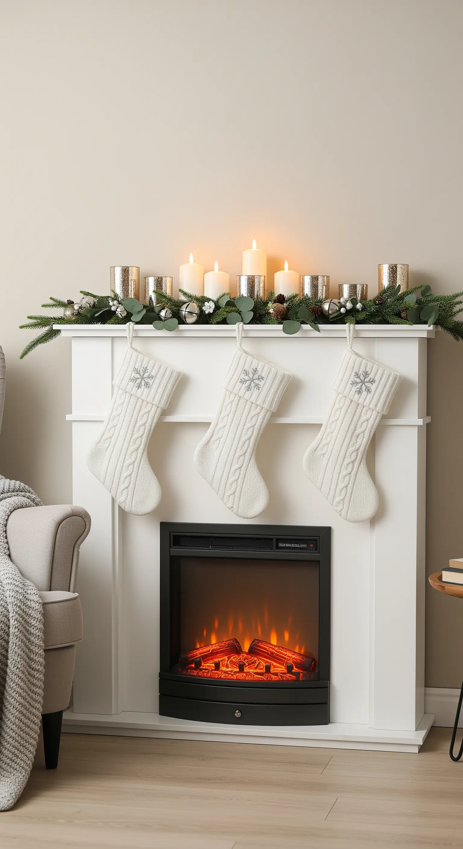 Weißer Kaminmantel mit Tannengirlande, silbernen Kerzen und gestrickten Socken.