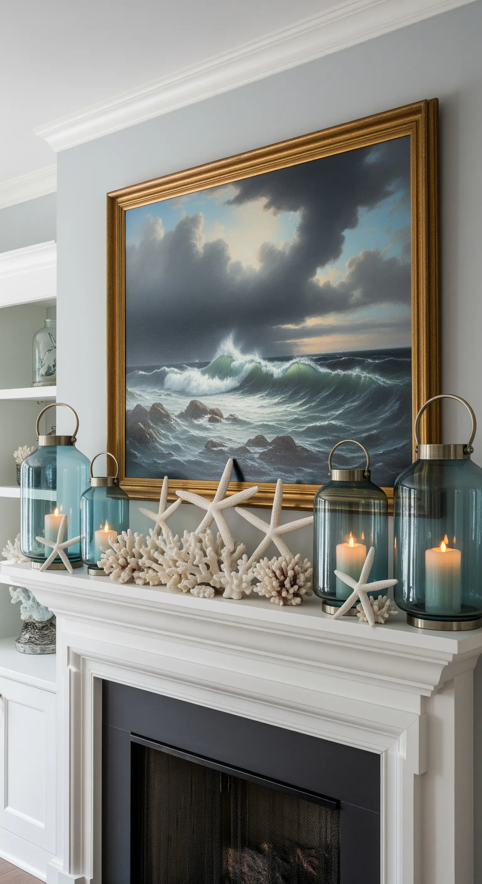 Kaminmantel mit Meeresgemälde, blauen Windlichtern und Korallen-Deko
