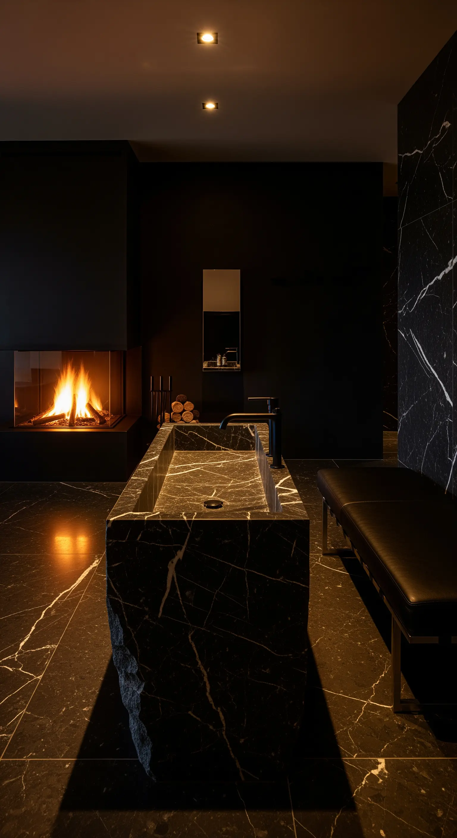 Badezimmer mit schwarzem Marmorwaschtisch, modernem Gaskamin, schwarzer Bank
