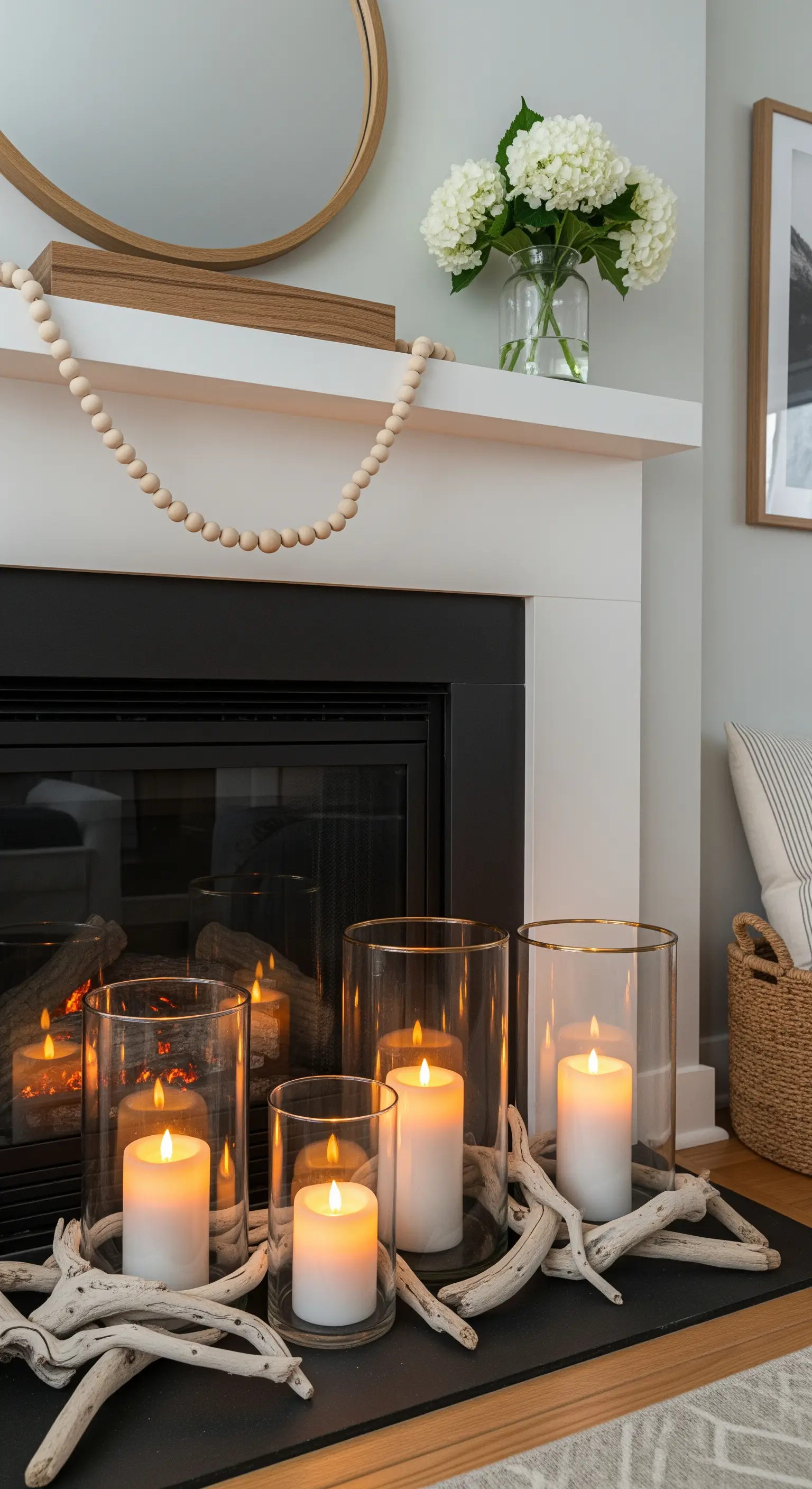 Kamin mit Treibholz, Glaswindlichtern, Kerzen, weißen Blumen und Holzperlenkette.