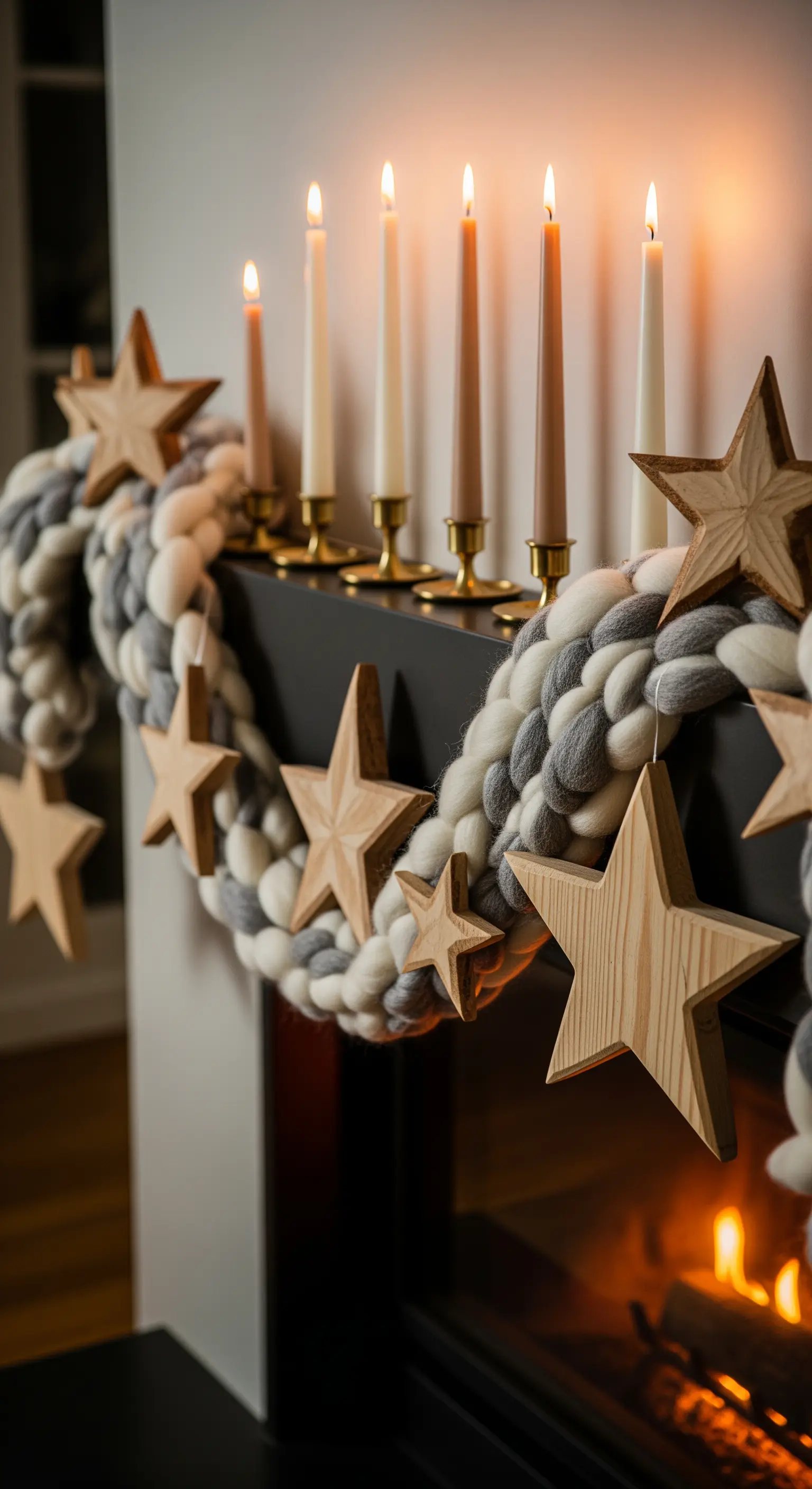 Kaminsims mit Strickgirlande, Holzsternen und Stabkerzen