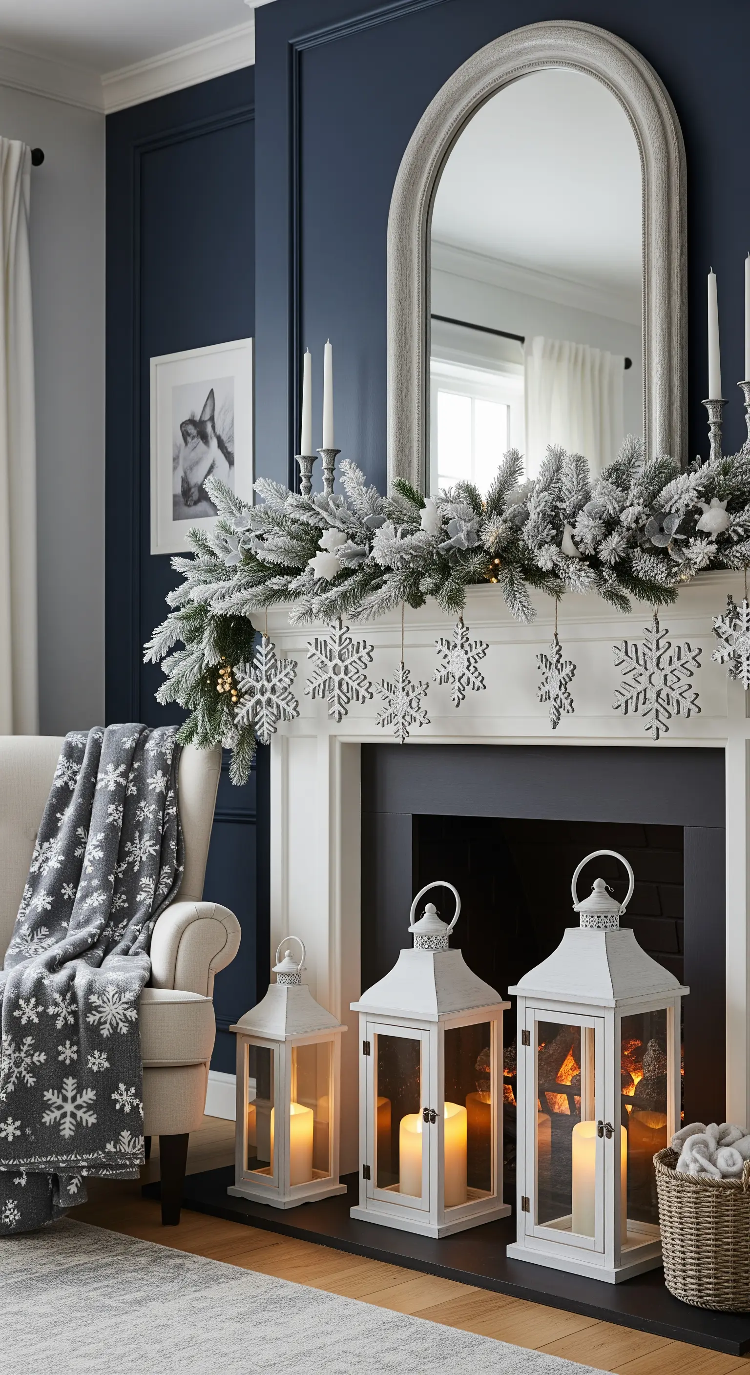 Kaminumrandung mit weißer Girlande, Schneeflocken-Anhängern und großen weißen Laternen
