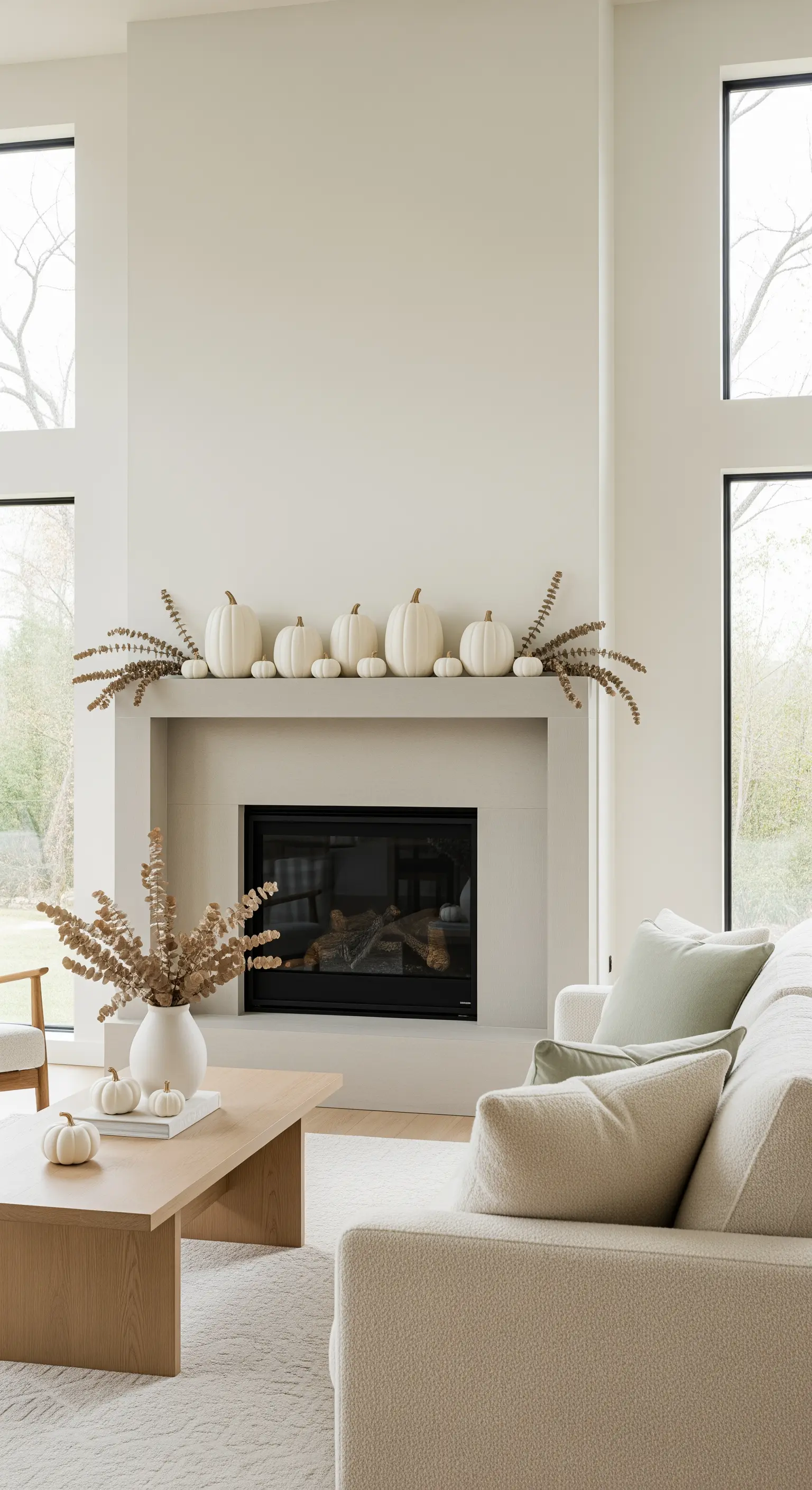 Minimalistische Kaminumrandung mit weißen Kürbissen und Trockenblumen