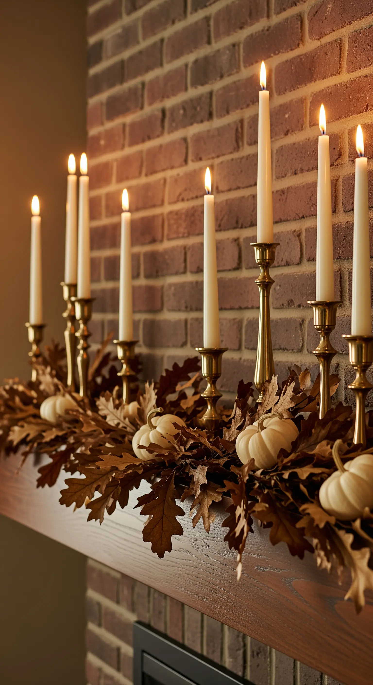 Kaminsims, Messingkerzenhalter, Eichenlaub Girlande, weiße Mini-Kürbisse