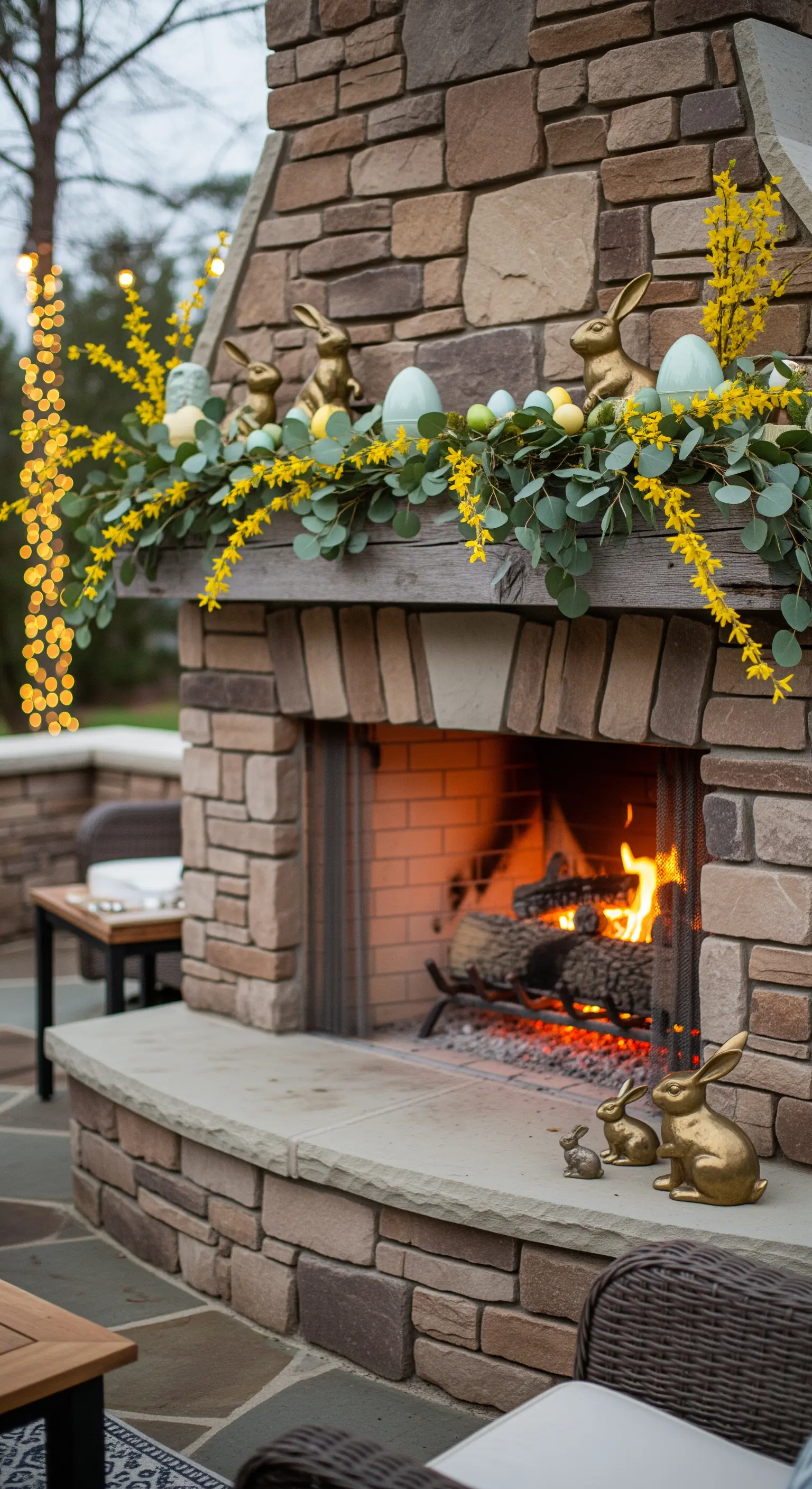 Außenkamin mit festlicher Ostergirlande aus Eukalyptus und goldenen Hasen