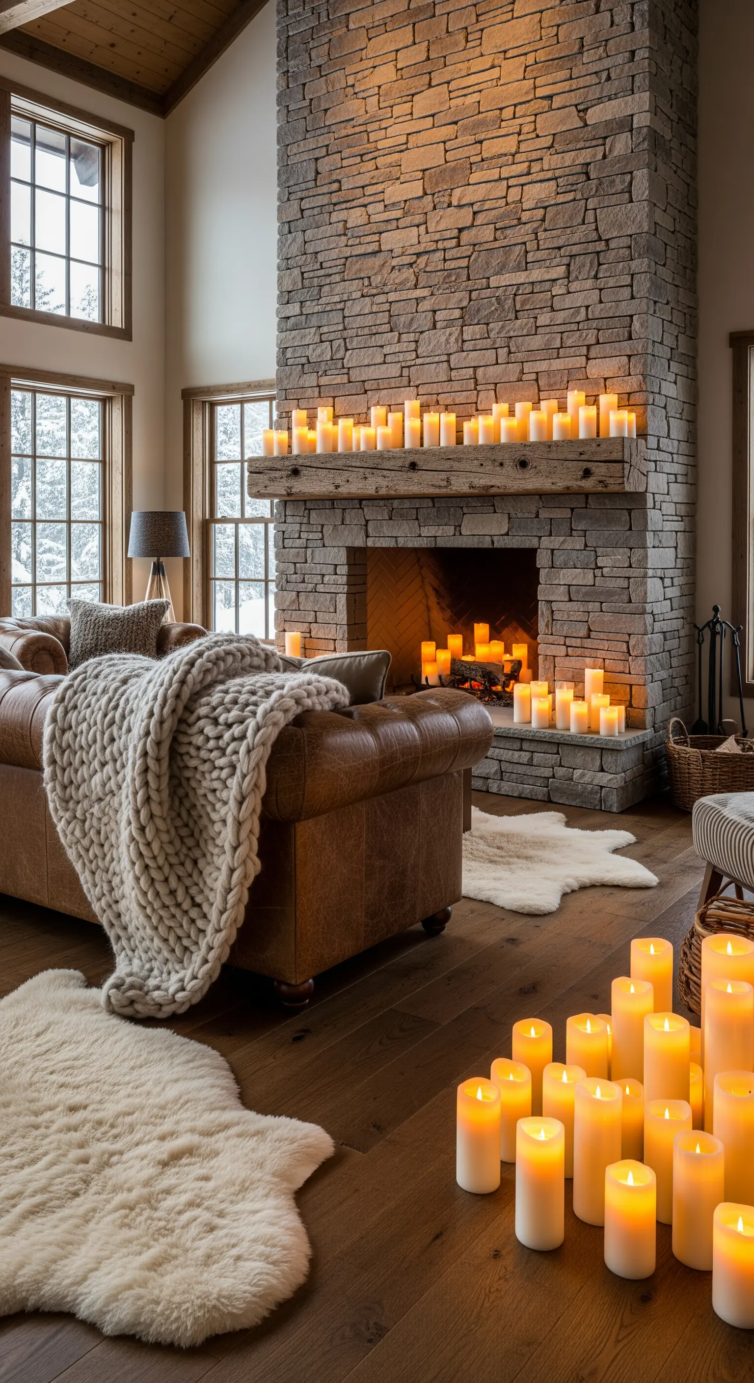 Wohnzimmer mit Steinkamin, Kerzen, Chunky Knit Decke, Schaffellteppiche