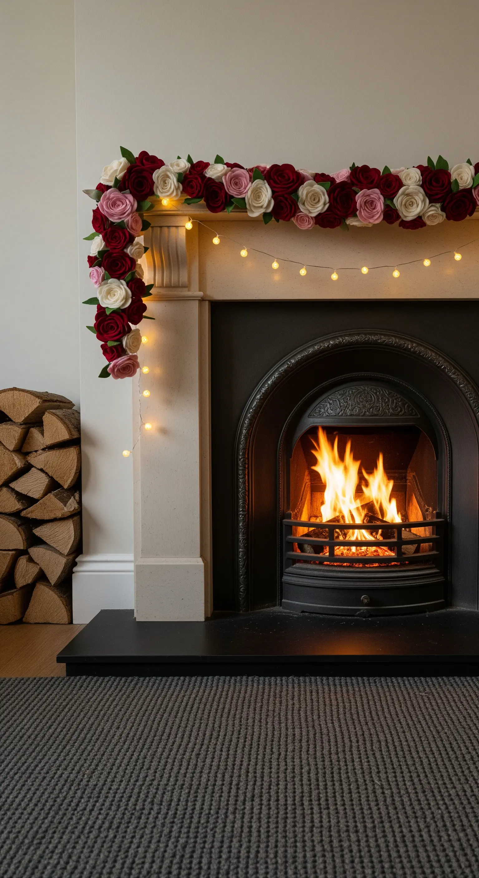 Ein Kaminsims, dekoriert mit einer Rosengirlande und einer Lichterkette mit warmen Glühbirnen.