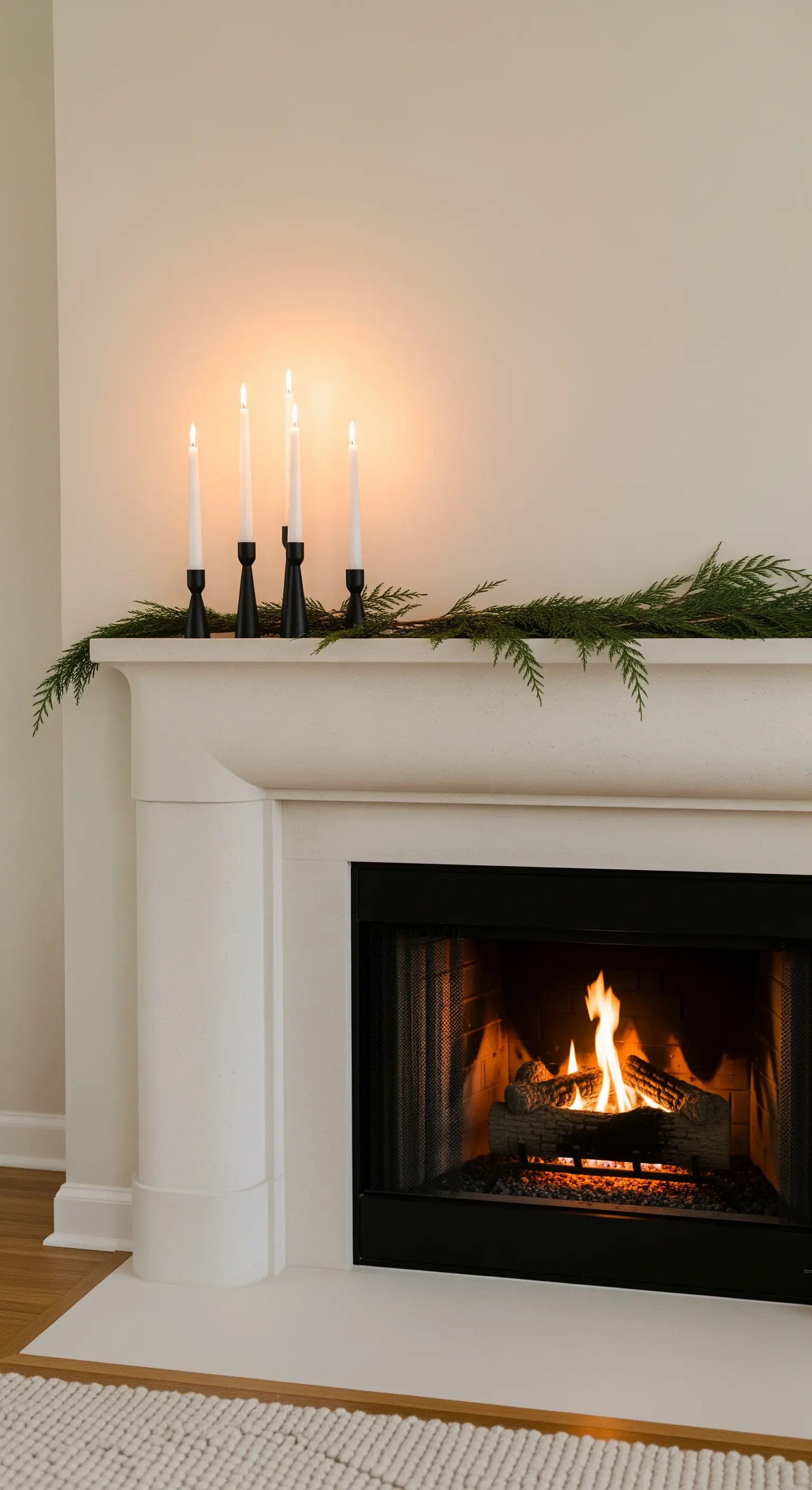 Weißer Kamin mit schwarzen Kerzenleuchtern und Tannengirlande.