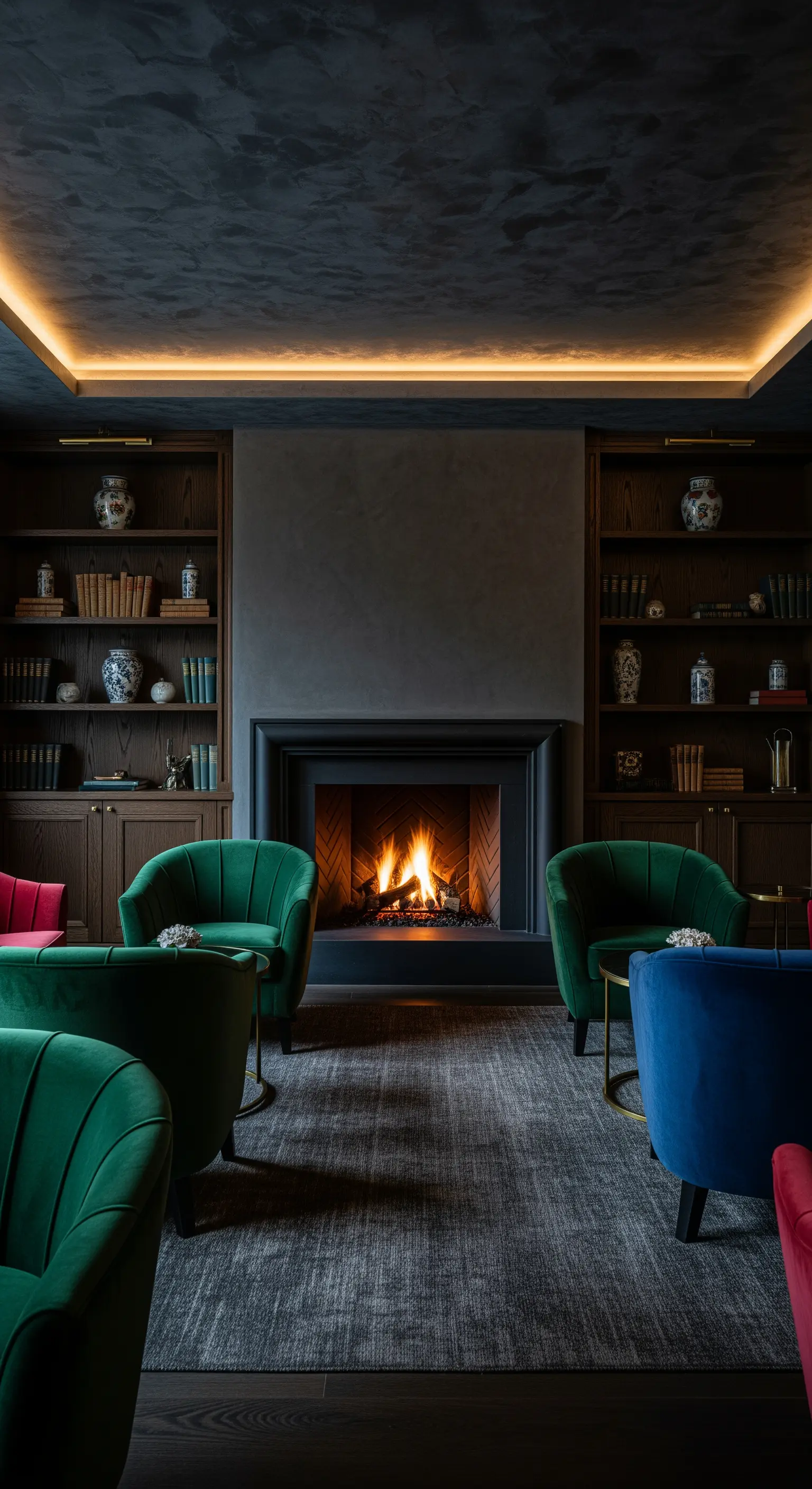 Kaminzimmer mit dunkler Decke, indirekter Beleuchtung, Kamin und farbigen Sesseln