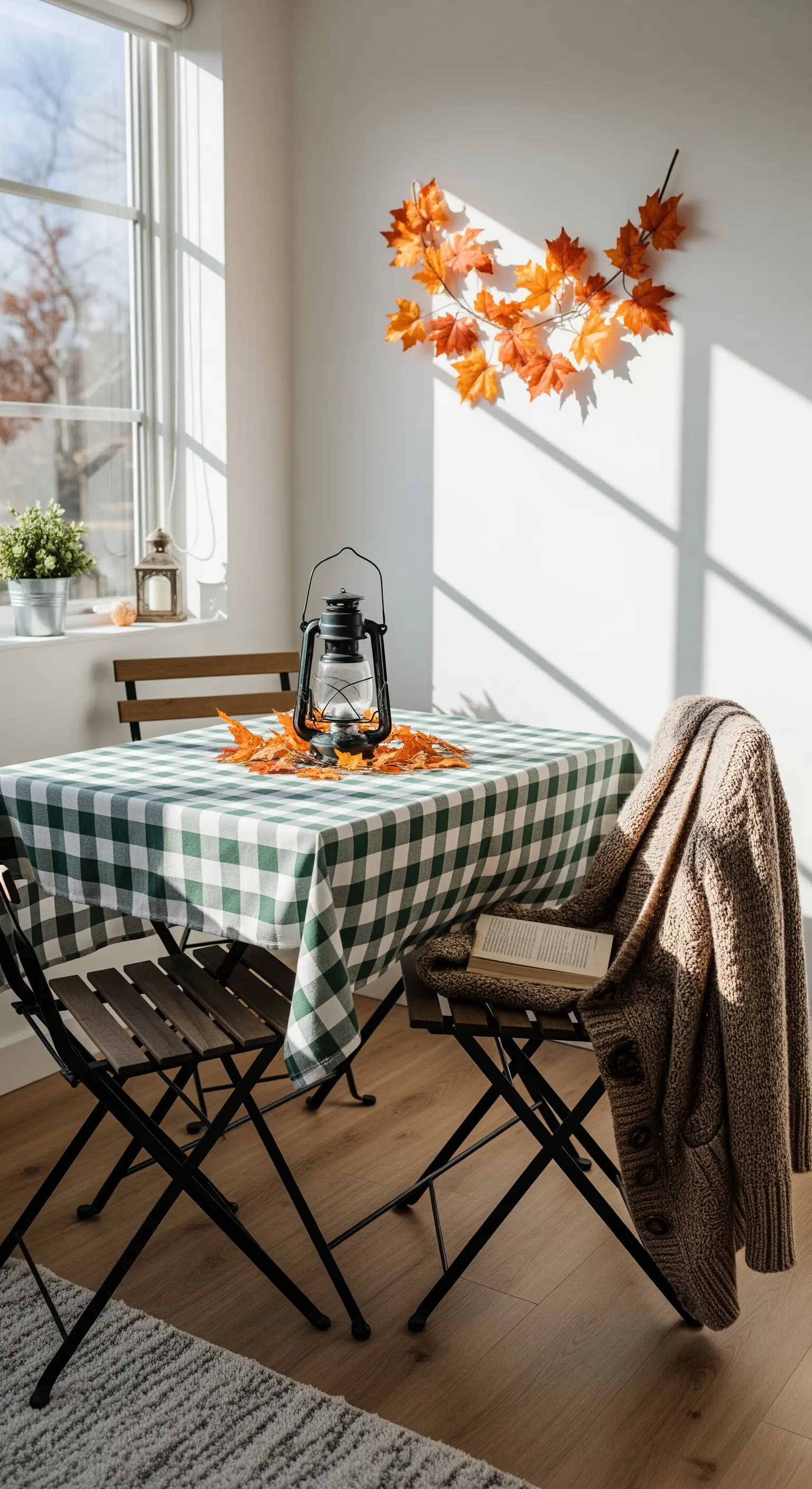 Esszimmer mit karierter Tischdecke, Laterne, Herbstblätter.