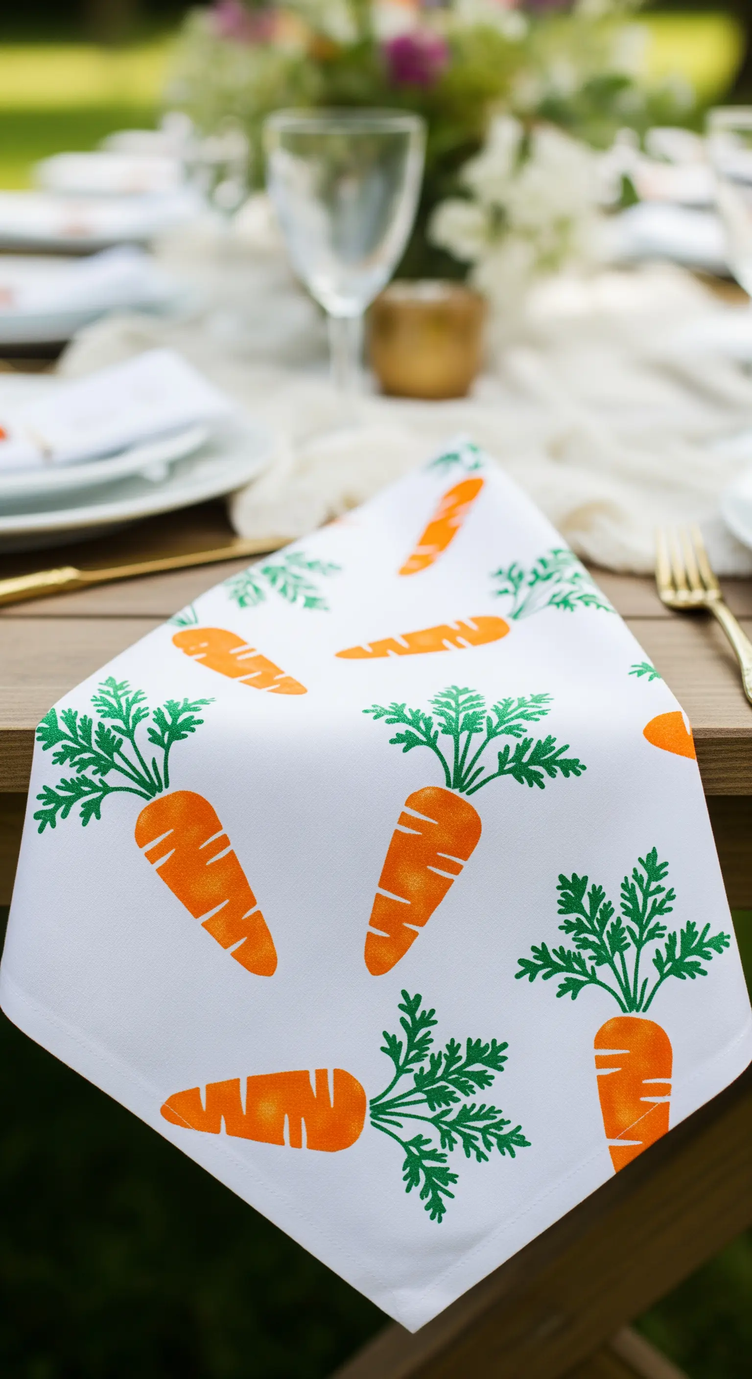 Weiße Serviette mit Karottenmuster auf einem Holztisch für Osterdeko