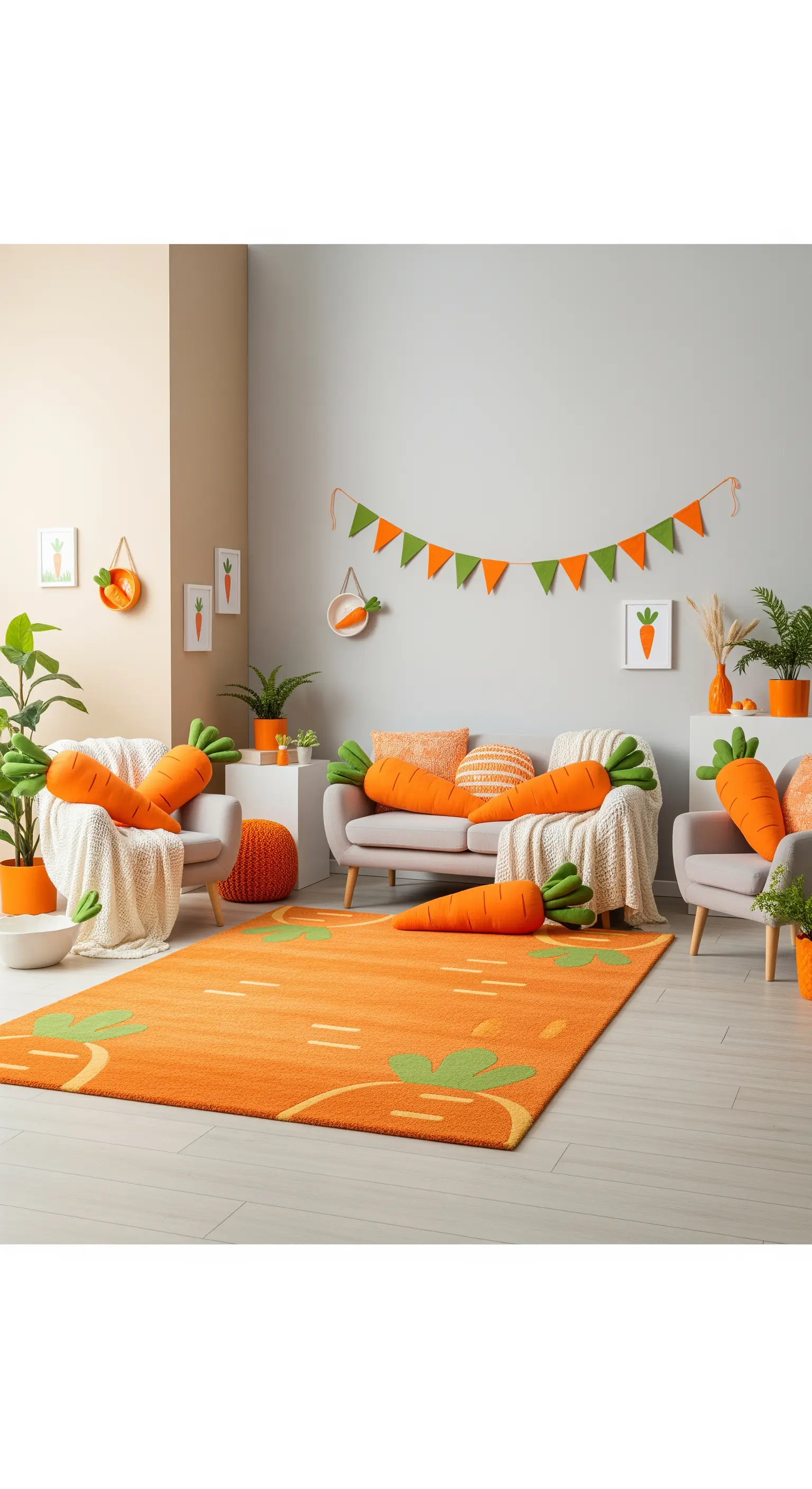 Karotten-Themenzimmer mit Teppich, Kissen, Girlande und Pflanzen.