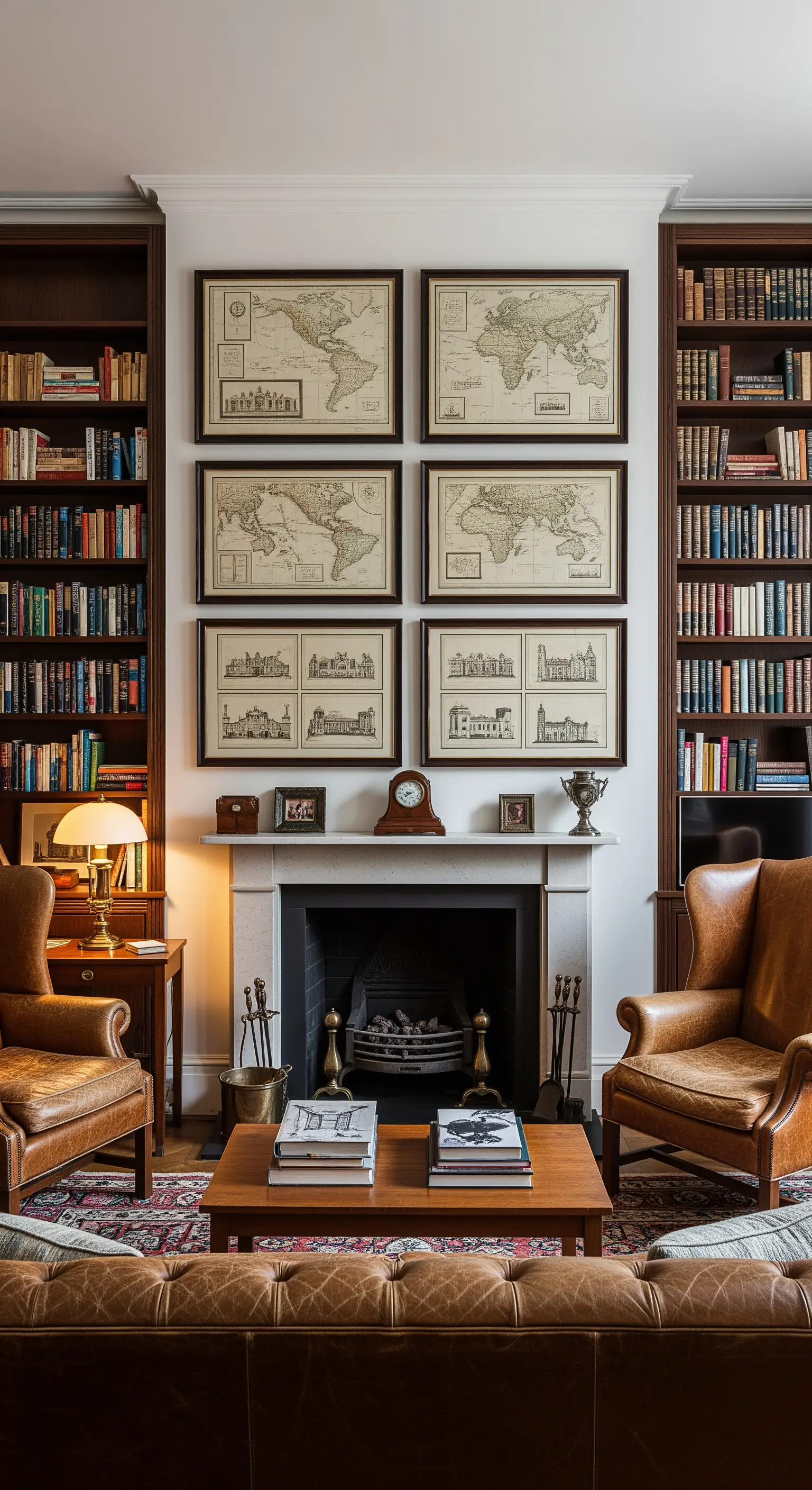 Eine symmetrische Anordnung von sechs gerahmten historischen Weltkarten über einem Kamin in einer Bibliothek.