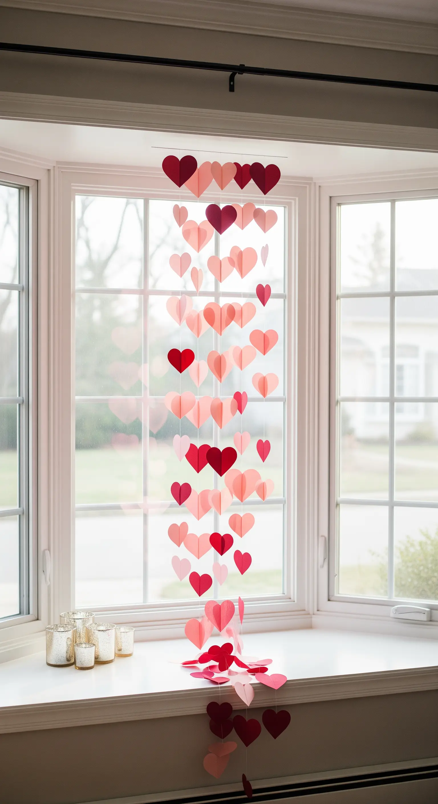 Vertikale Girlande aus roten und rosa Papierherzen, die in einem Erkerfenster hängt.