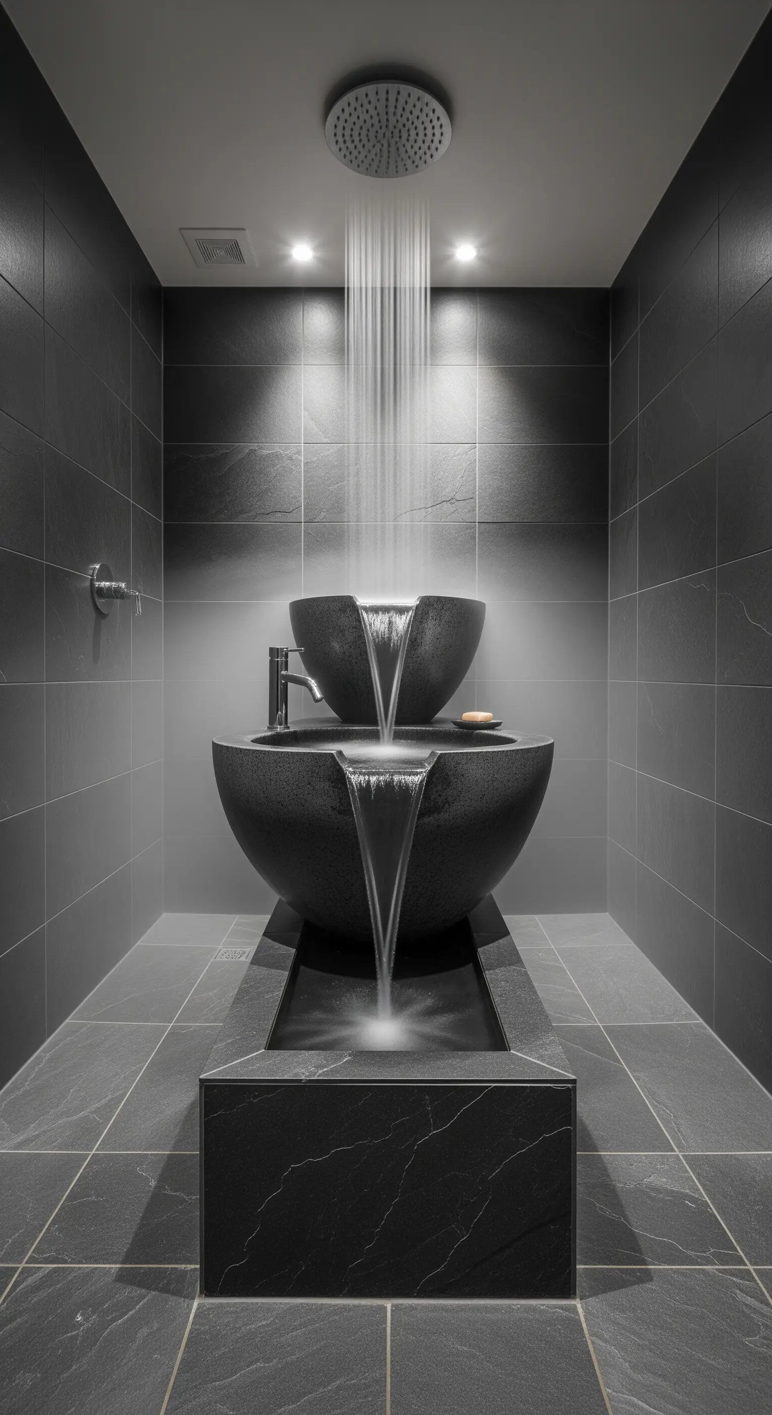 Zweistufiges Steinwaschbecken, bei dem Wasser wie bei einem Brunnen hinabfließt.