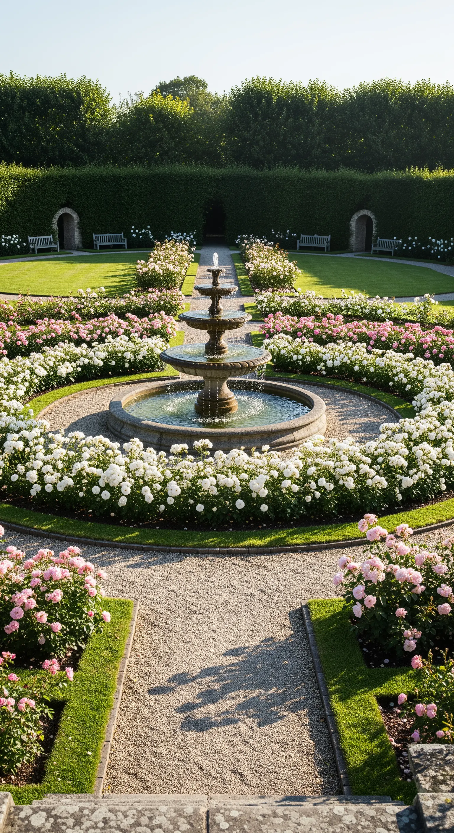 Kaskadenbrunnen in einem Rosengarten mit weißen und rosa Rosenbeeten