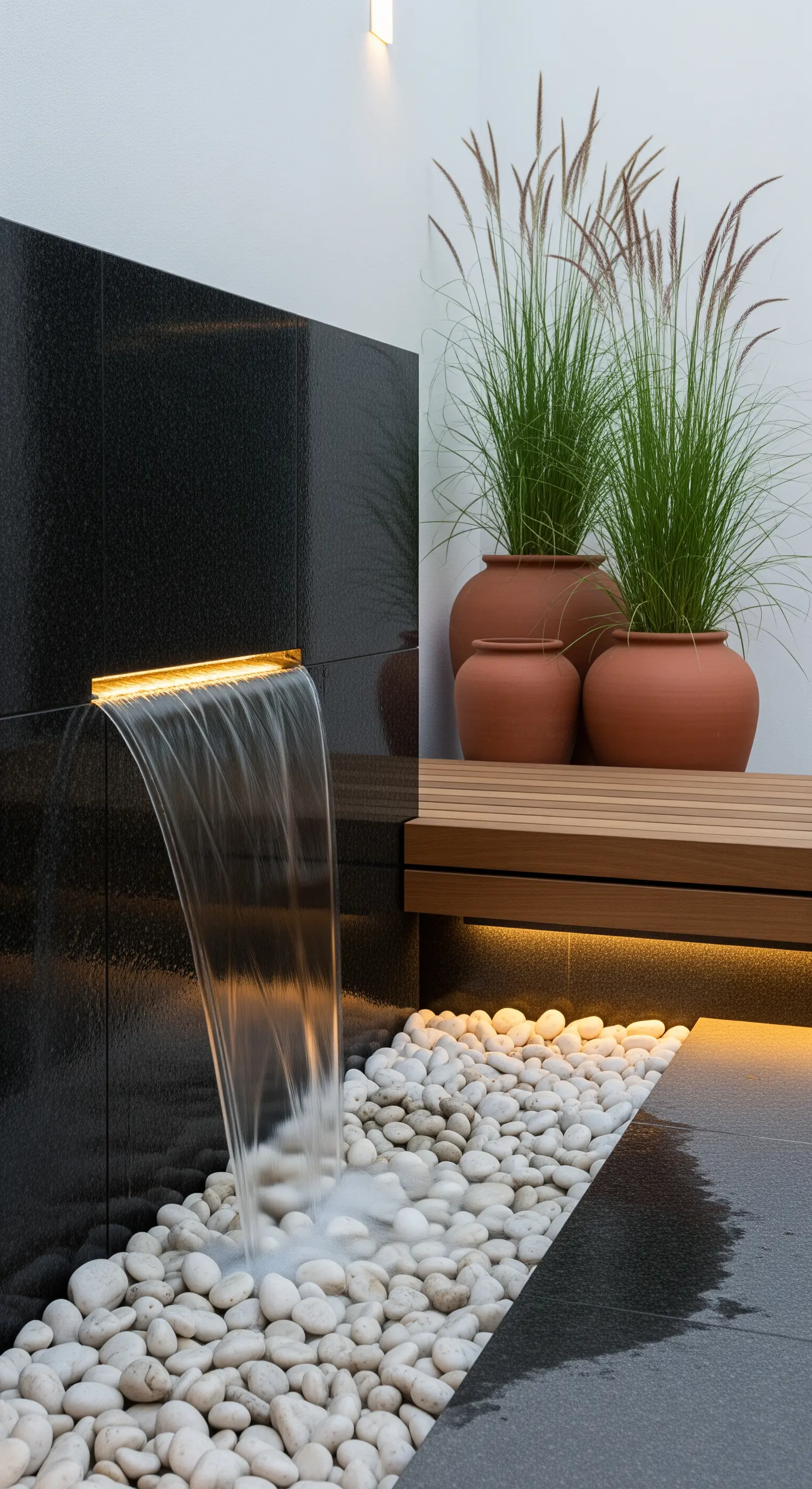 Moderne Wasserwand, LED-Beleuchtung, weiße Kieselsteine, Terrakotta-Pflanzen