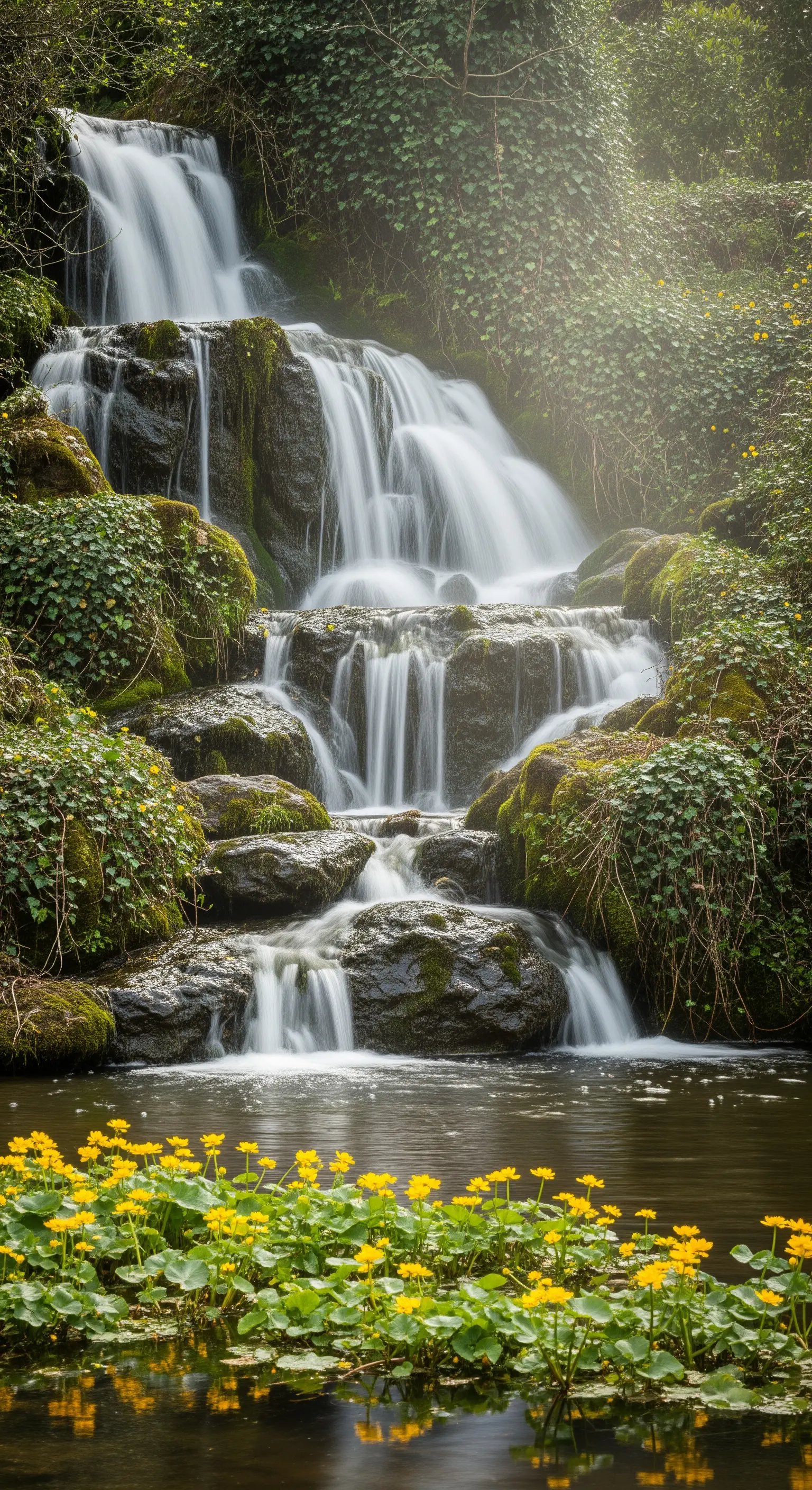 Mehrstufiger Naturwasserfall, umrankt von Efeu, mit gelben Sumpfdotterblumen