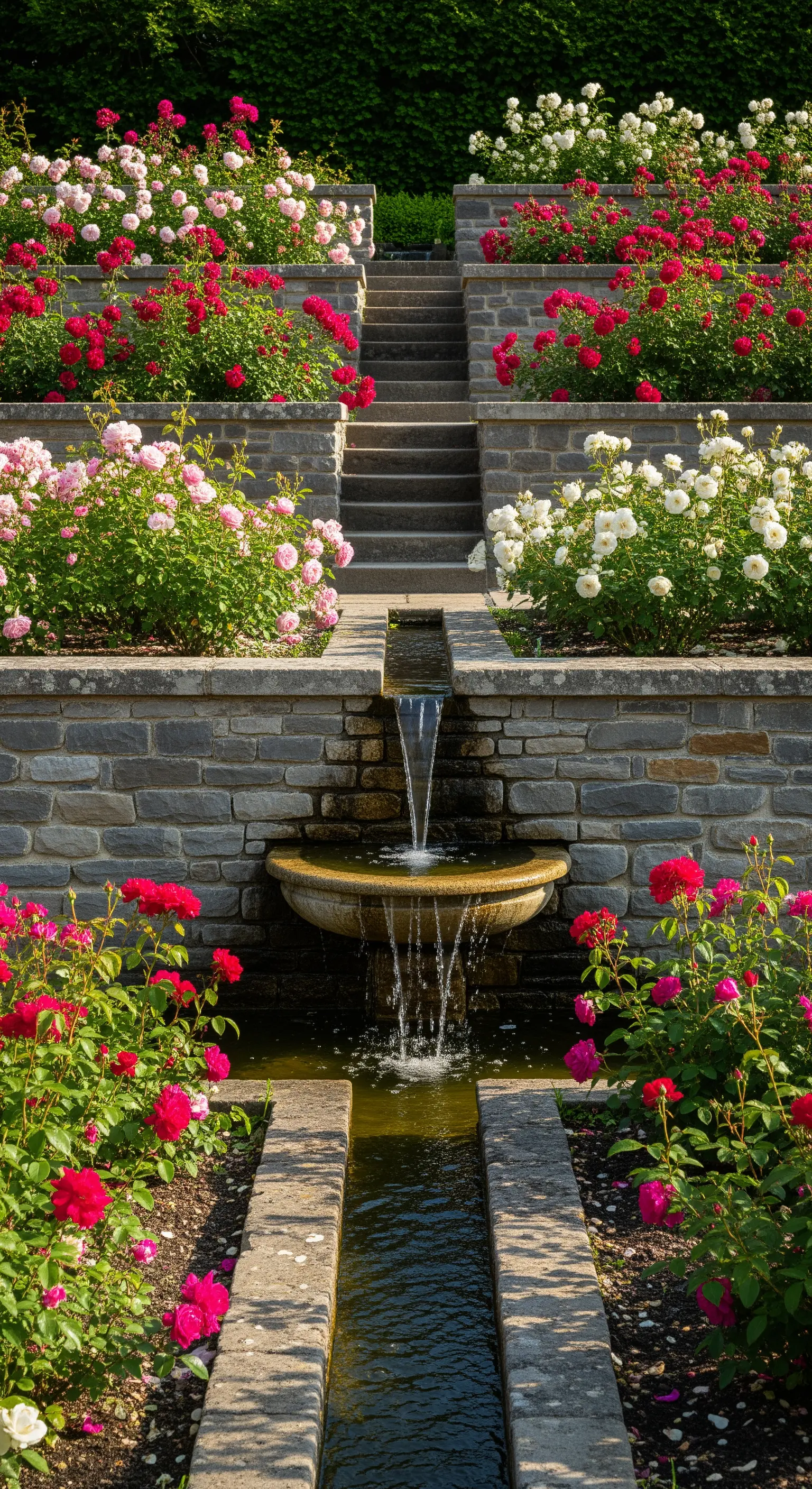 Kaskadierender Wasserlauf, der in eine Vogeltränke mündet, umgeben von Rosenbeeten