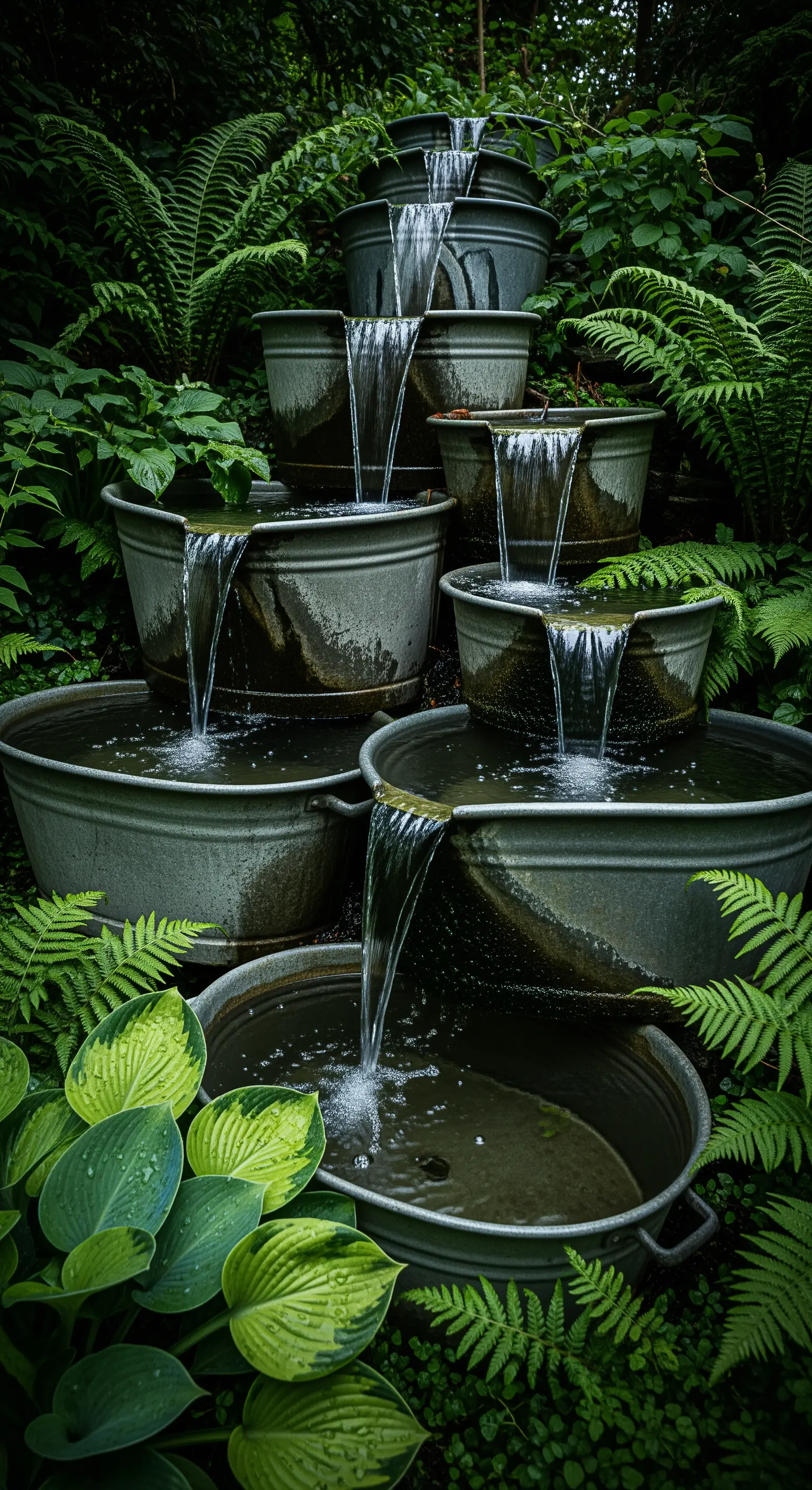 Gestapelte Zinkwannen als Wasserfall, umgeben von Farnen und großen Blättern.