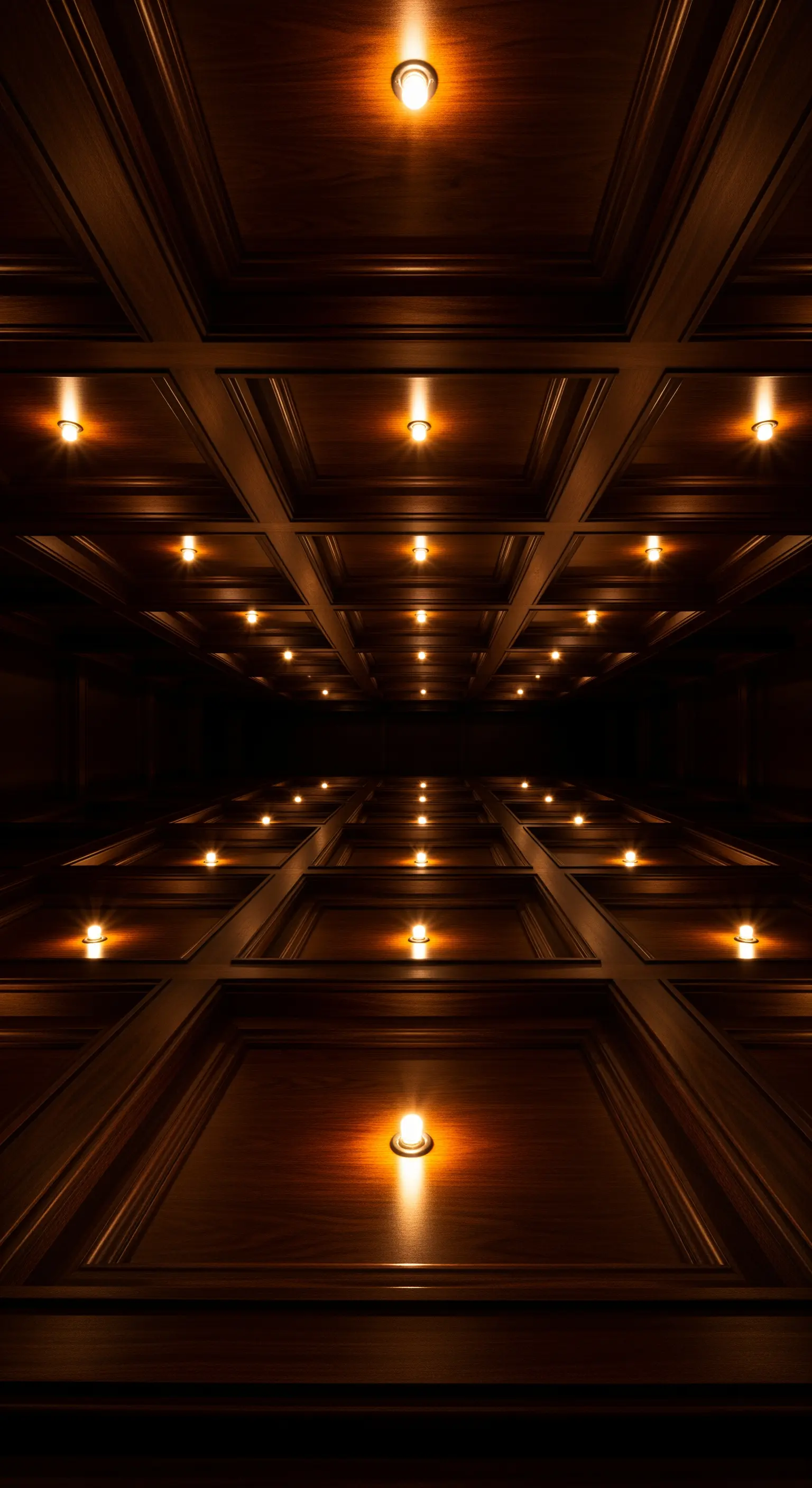 Dunkle Kassettendecke mit zahlreichen integrierten, warmen Decken-Spots, die Tiefe erzeugen