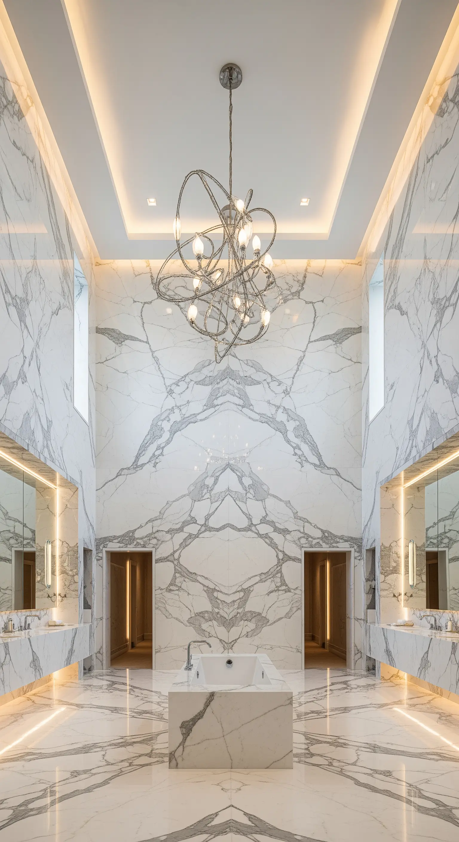 Sehr großes, hohes Badezimmer mit symmetrischem Marmor und einem riesigen, modernen Kronleuchter.