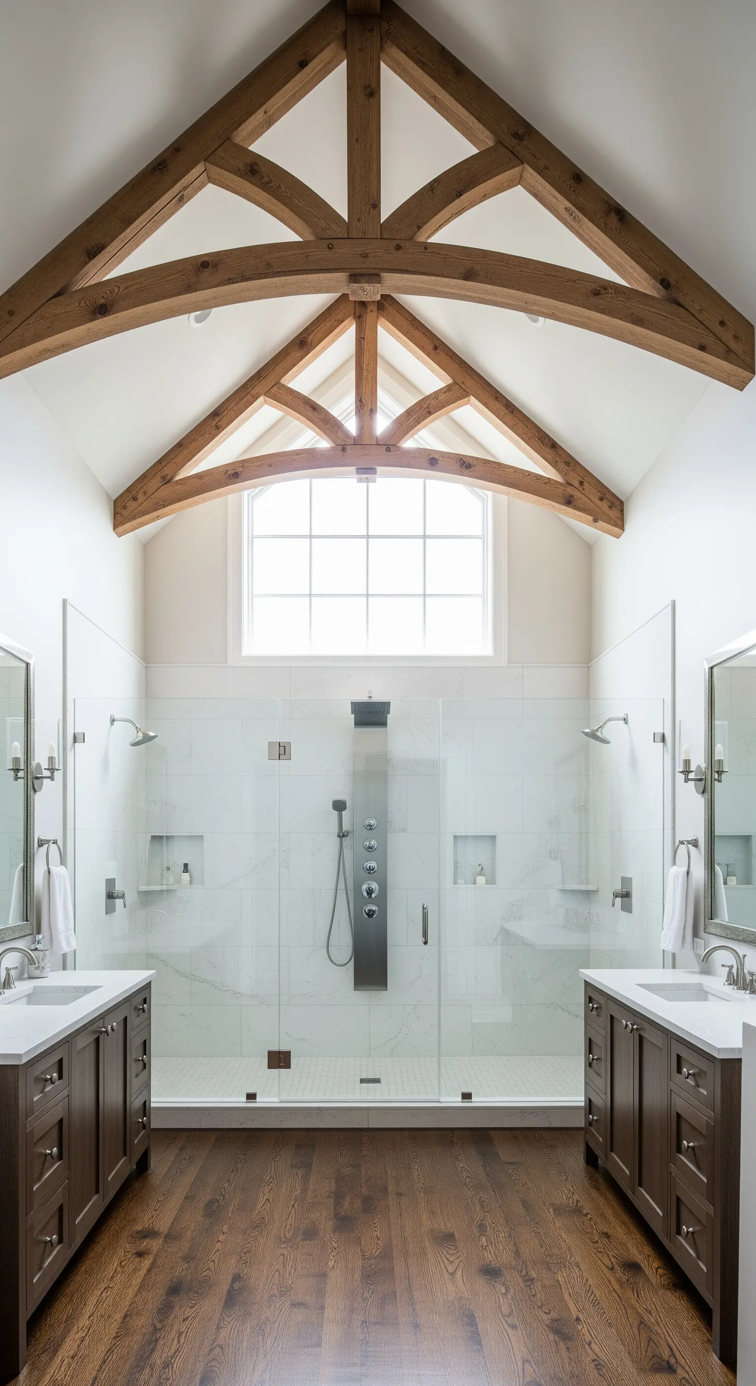 Großes Badezimmer mit hohem Holzdachstuhl und symmetrisch angeordneter Doppeldusche