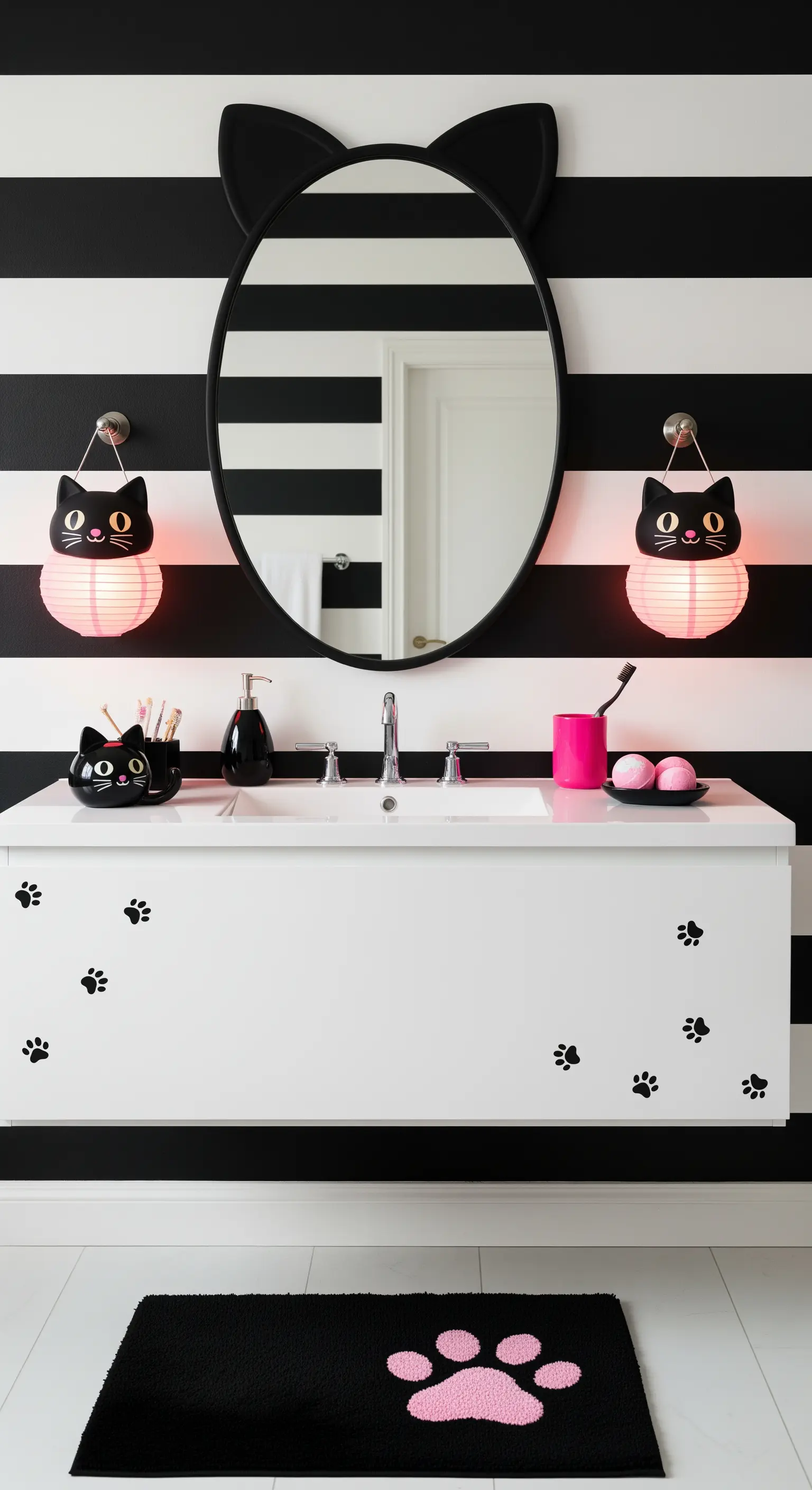 Badezimmer mit schwarz-weiß gestreifter Wand, Katzenohren-Spiegel, Katzen-Laternen und Pfotenabdrücken
