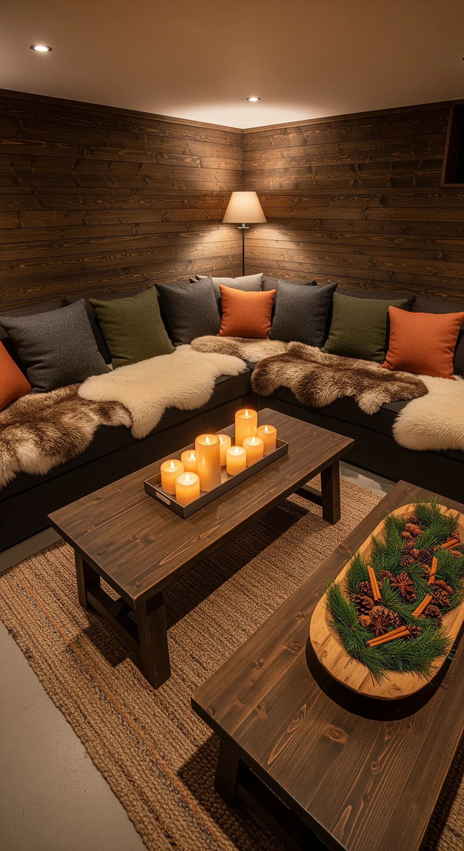Eckcouch mit Fellen und Kissen, Holztischen mit Kerzen und Naturdeko in Holzwand-Raum