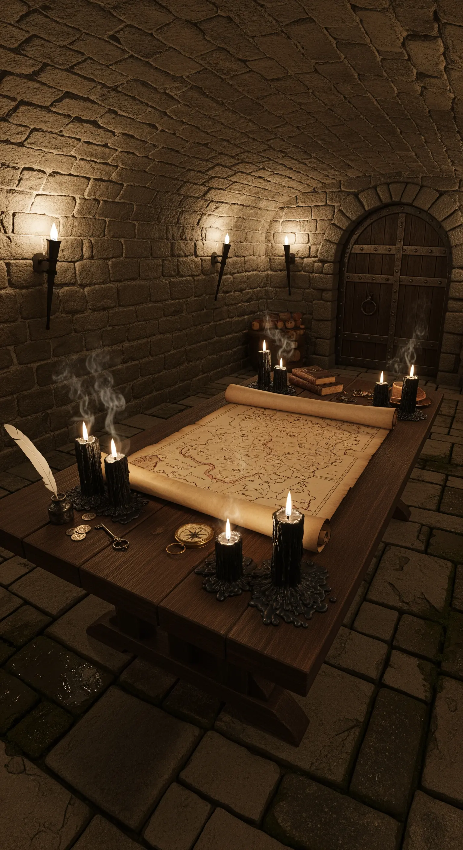 Kellerraum mit Holztisch, alter Karte, Federkiel und vielen schwarzen Kerzen