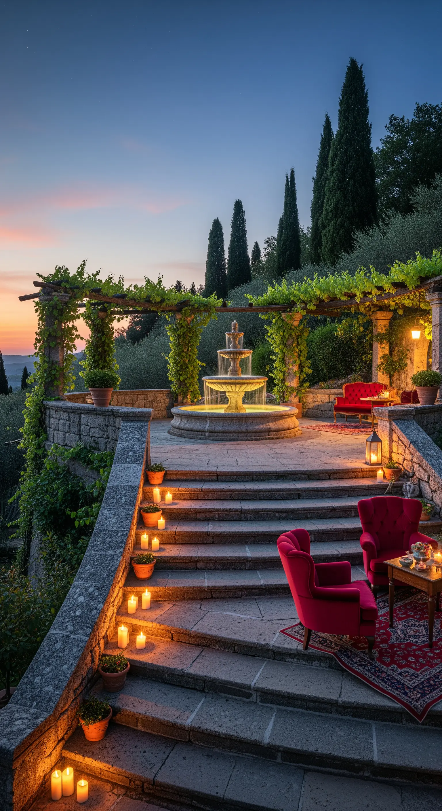 Steintreppe mit Kerzen, Weinpergola, Brunnen und roter Sitzecke