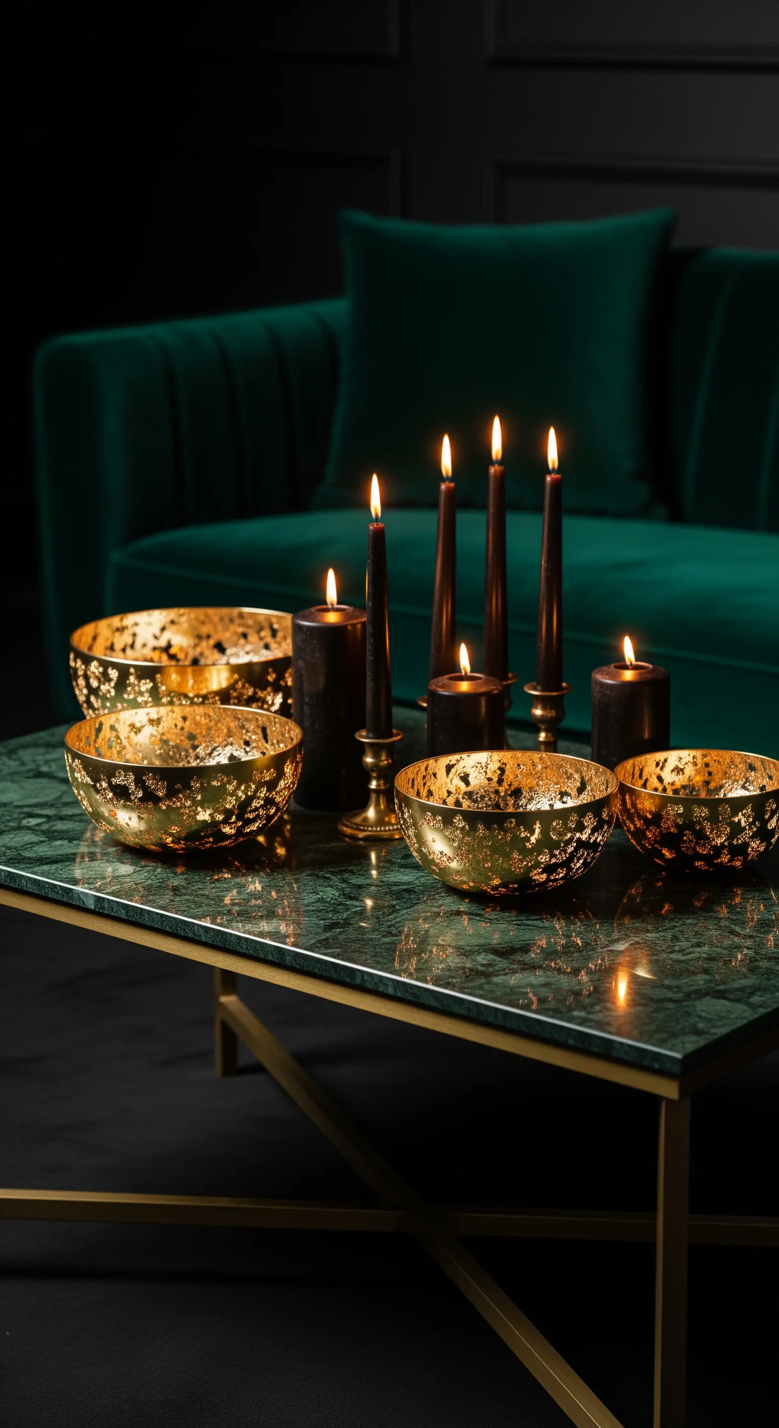 Schwarze Kerzen, goldene Schalen, grüner Marmortisch, grünes Sofa