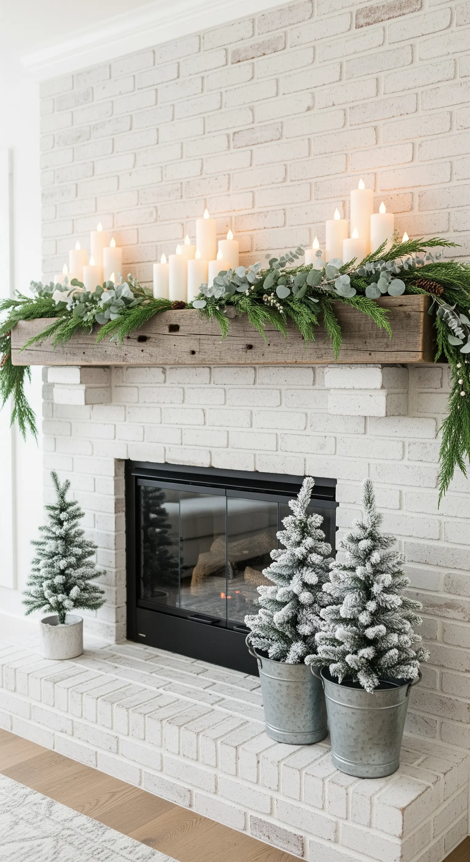 Weißer Backsteinkamin mit vielen Kerzen in einer Eukalyptus-Girlande und kleinen Bäumen.