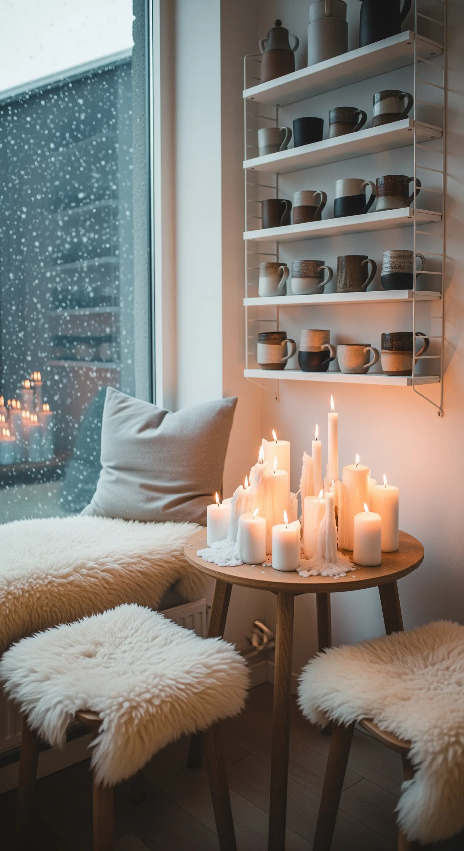 Tisch mit vielen weißen Kerzen, Schaffellen auf Sitzgelegenheiten am Fenster