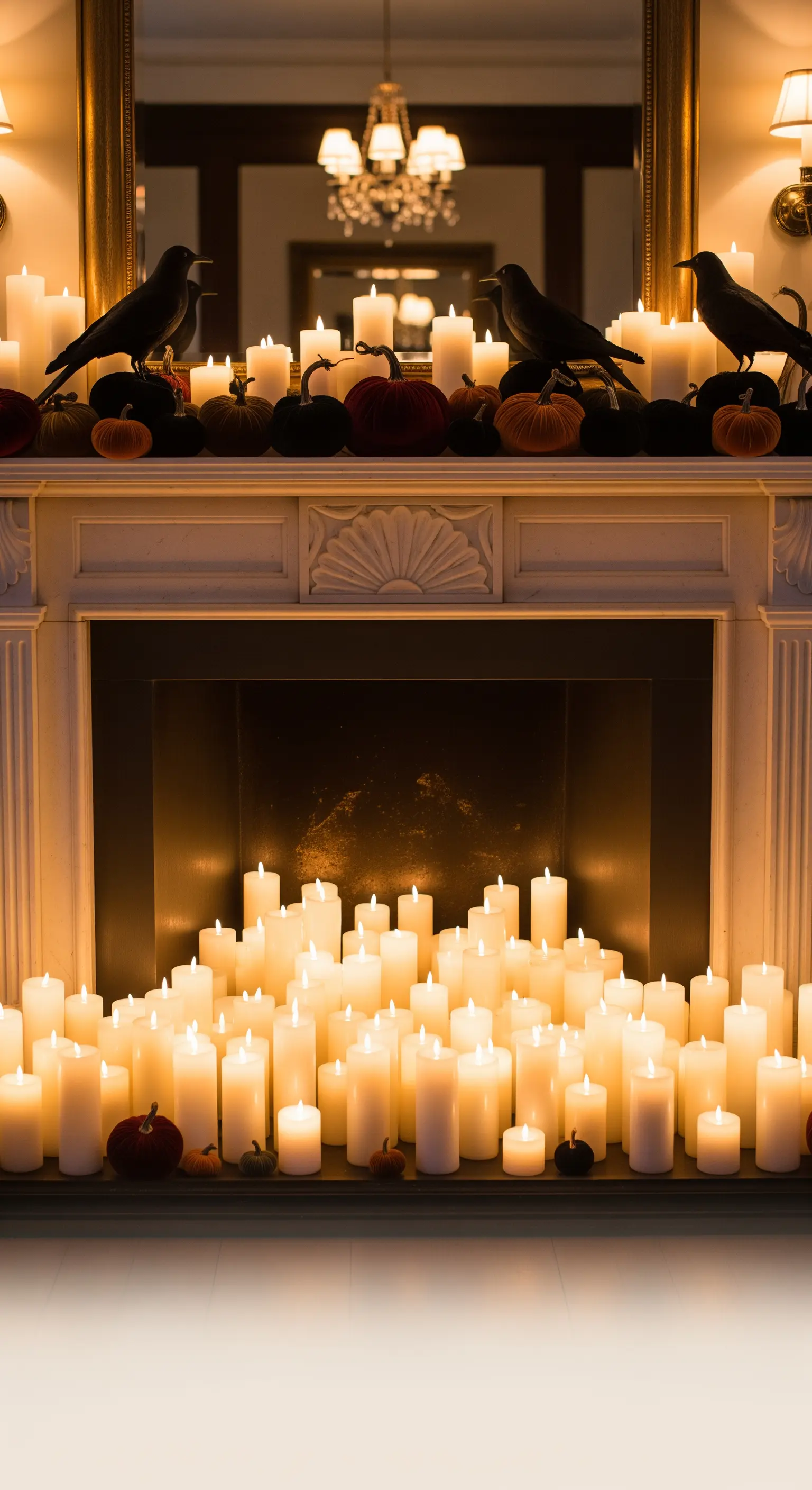Kaminsims mit weißem Kerzenmeer, Raben und Samtkürbissen
