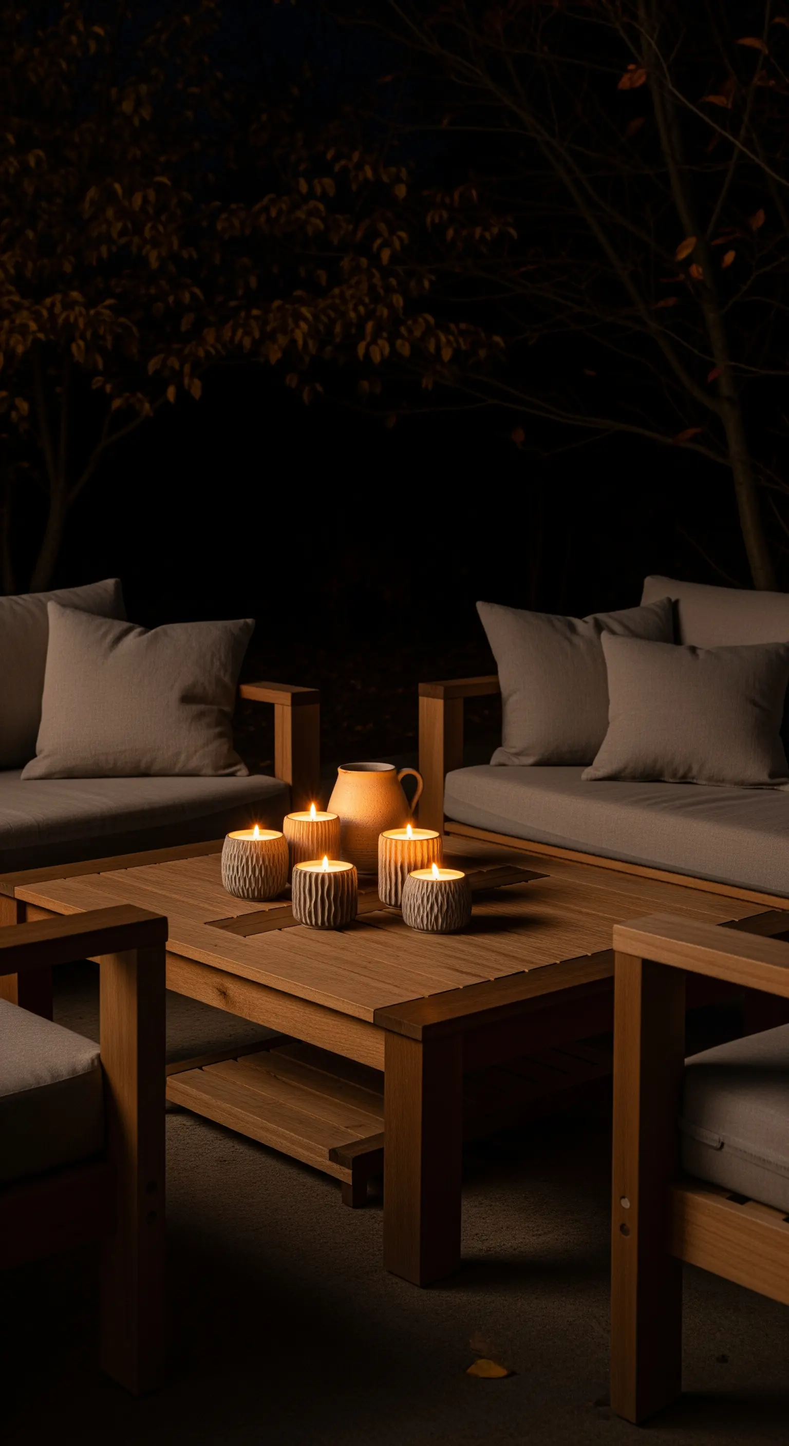 Outdoor-Lounge bei Nacht mit Keramik-Kerzen und Holzmöbeln