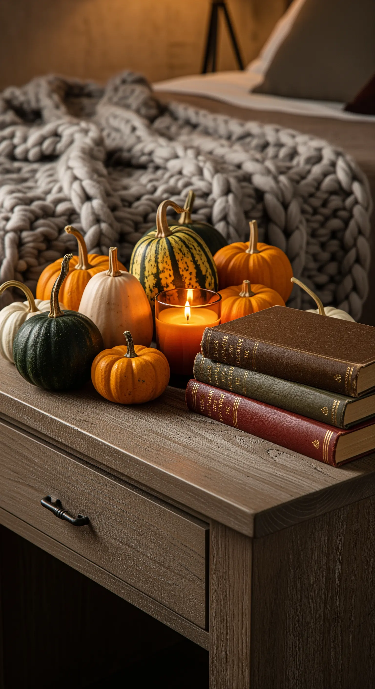 Herbstliche Nachttisch-Deko mit Kürbissen, Kerze und Vintage-Büchern