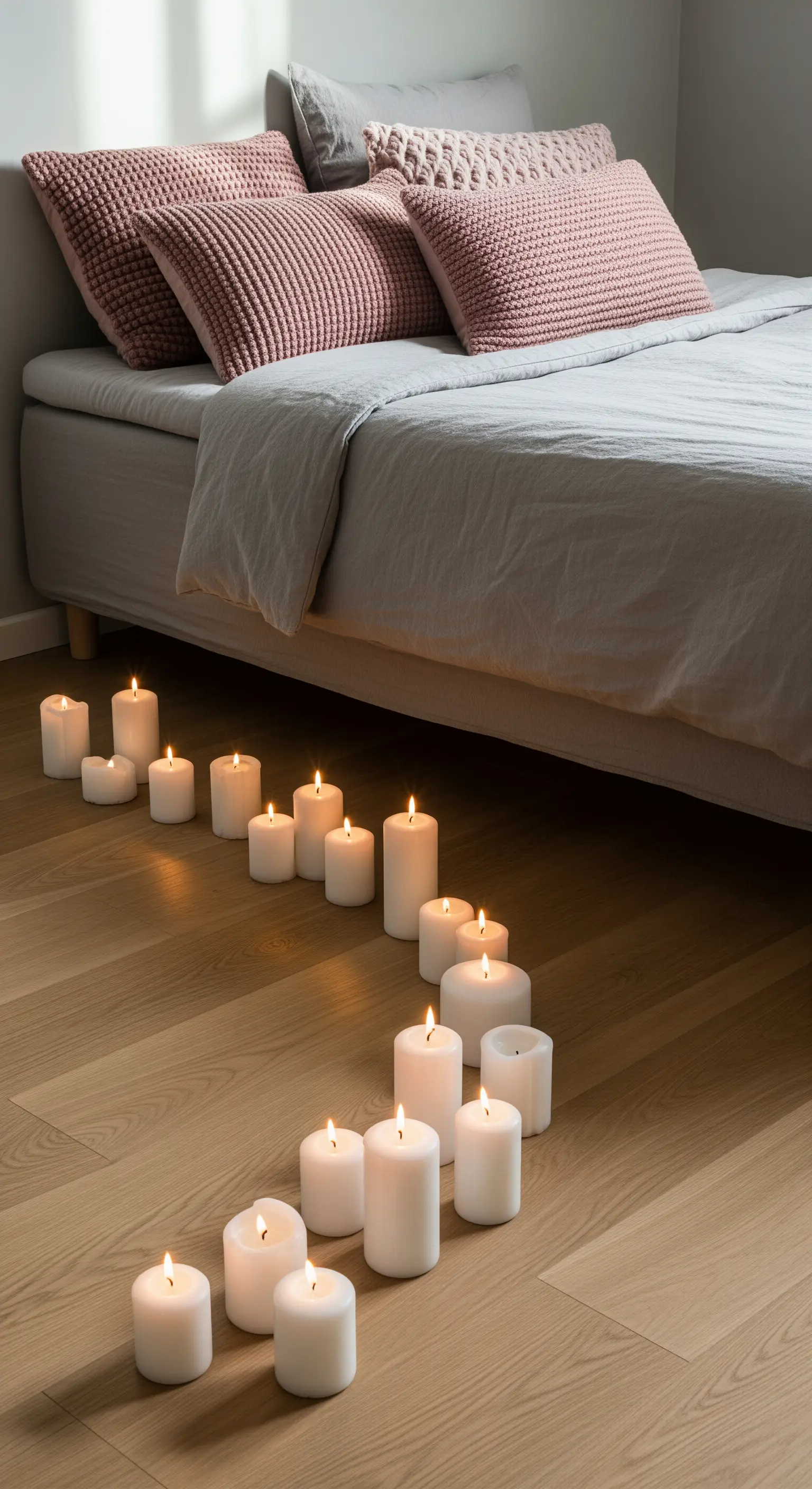 Schlafzimmer mit einem geschwungenen Pfad aus weißen Stumpenkerzen auf dem Boden
