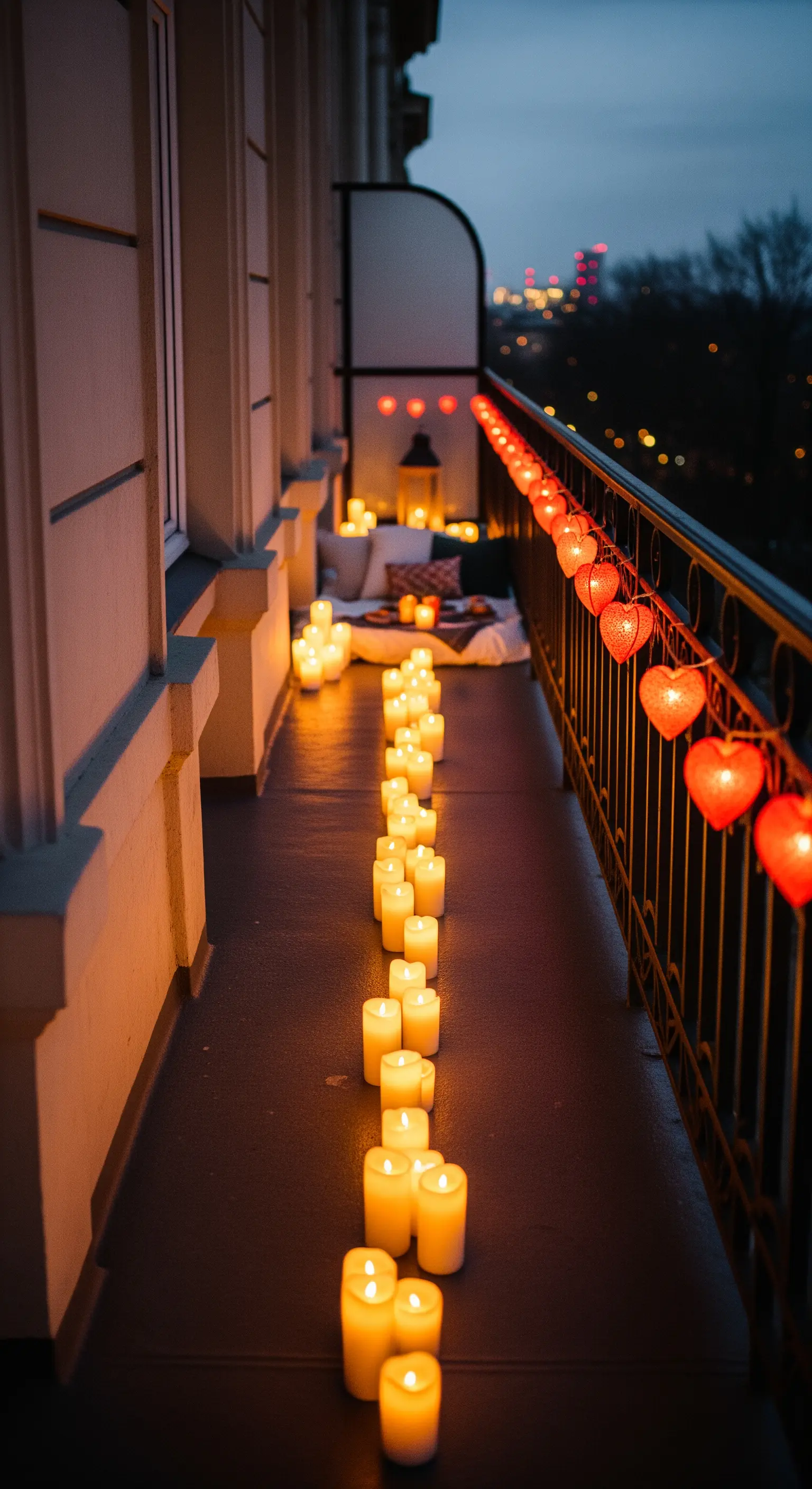 Balkon mit langem Kerzenweg, herzförmiger Lichterkette und gemütlicher Sitzecke.