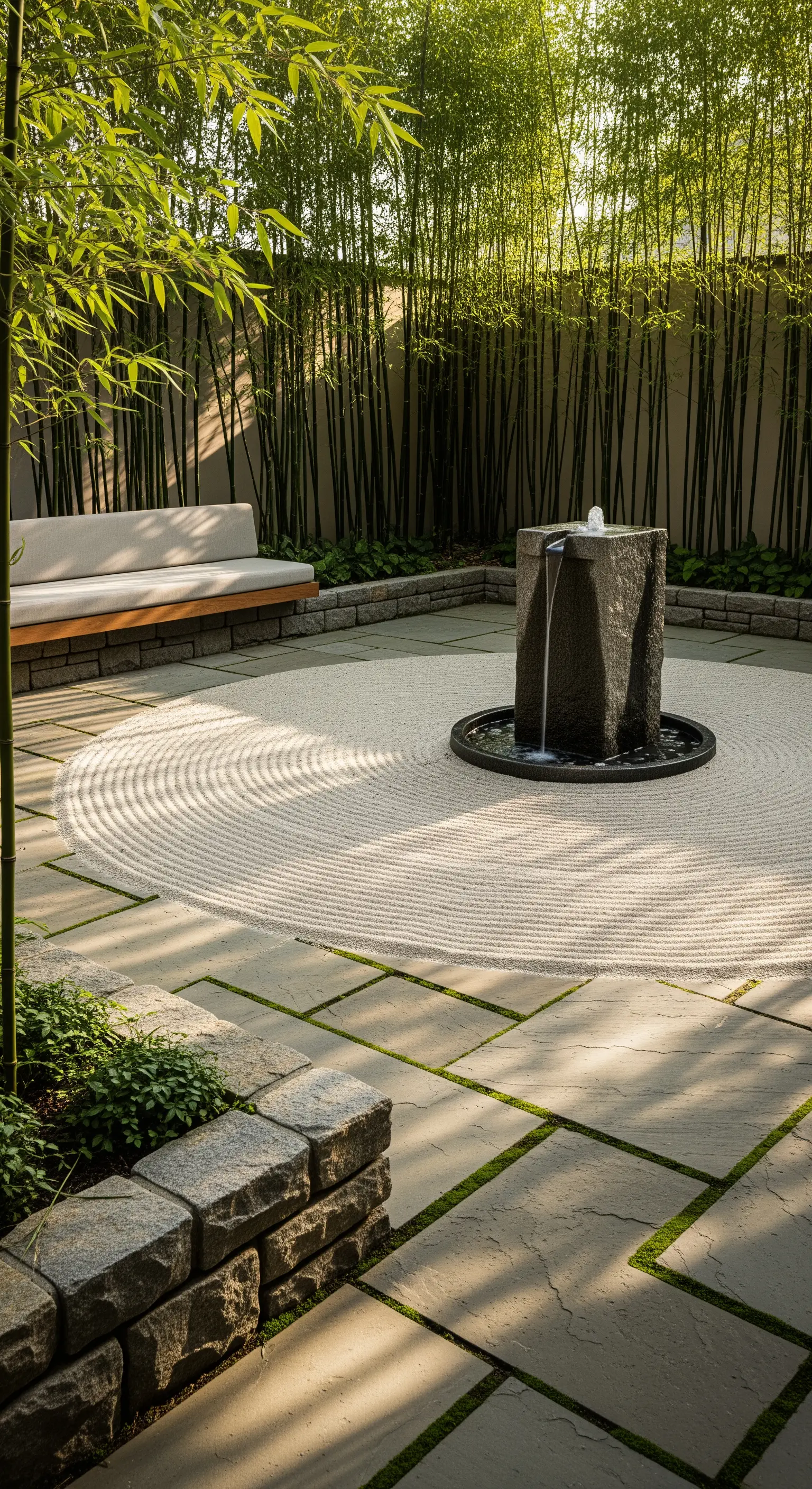 Japandi Kiesgarten mit Bambuswand, geraktem Muster und Steinfelsen