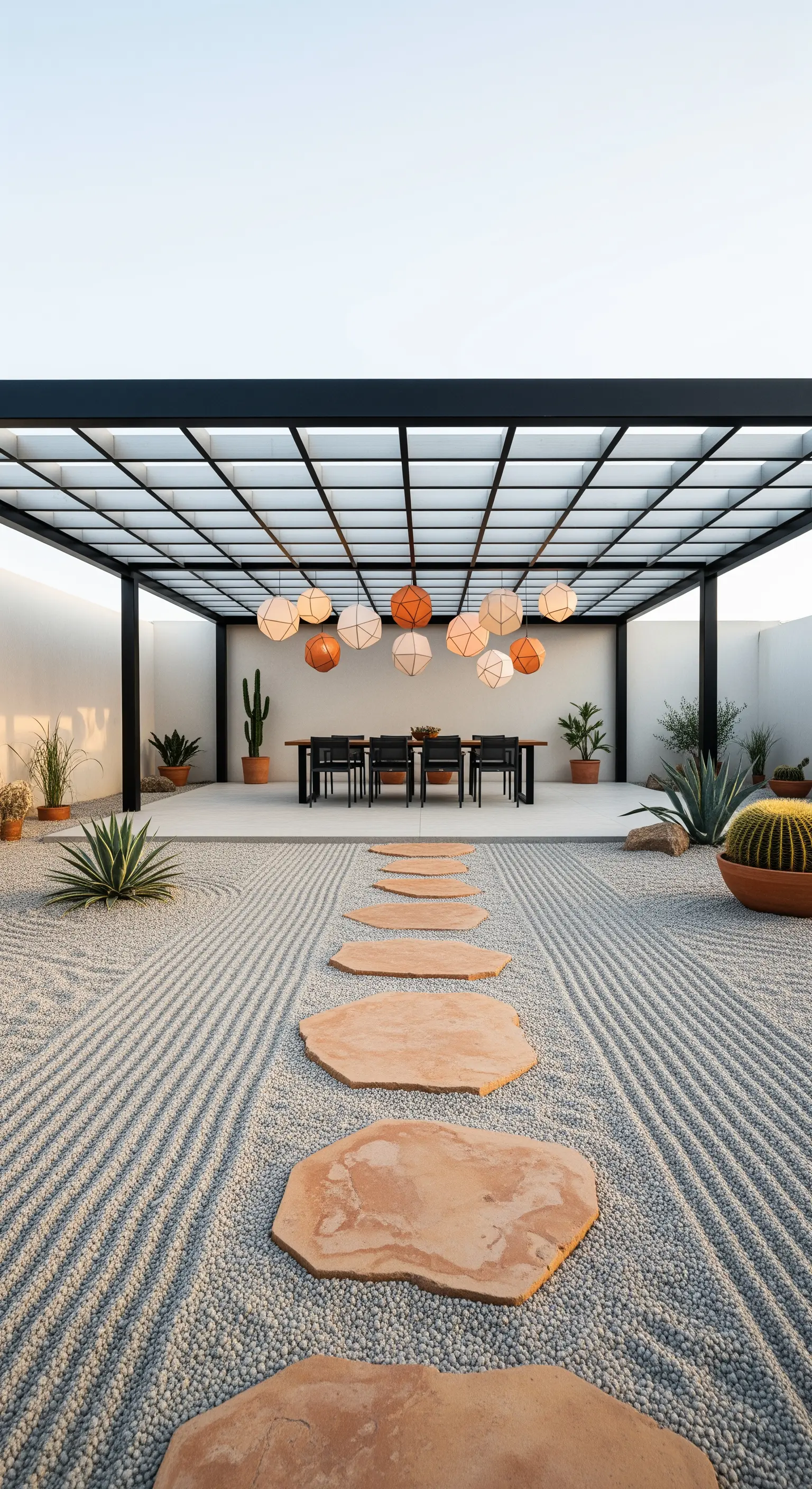 Kiesgarten, Trittsteine, hängende Laternen, Japandi Terrasse