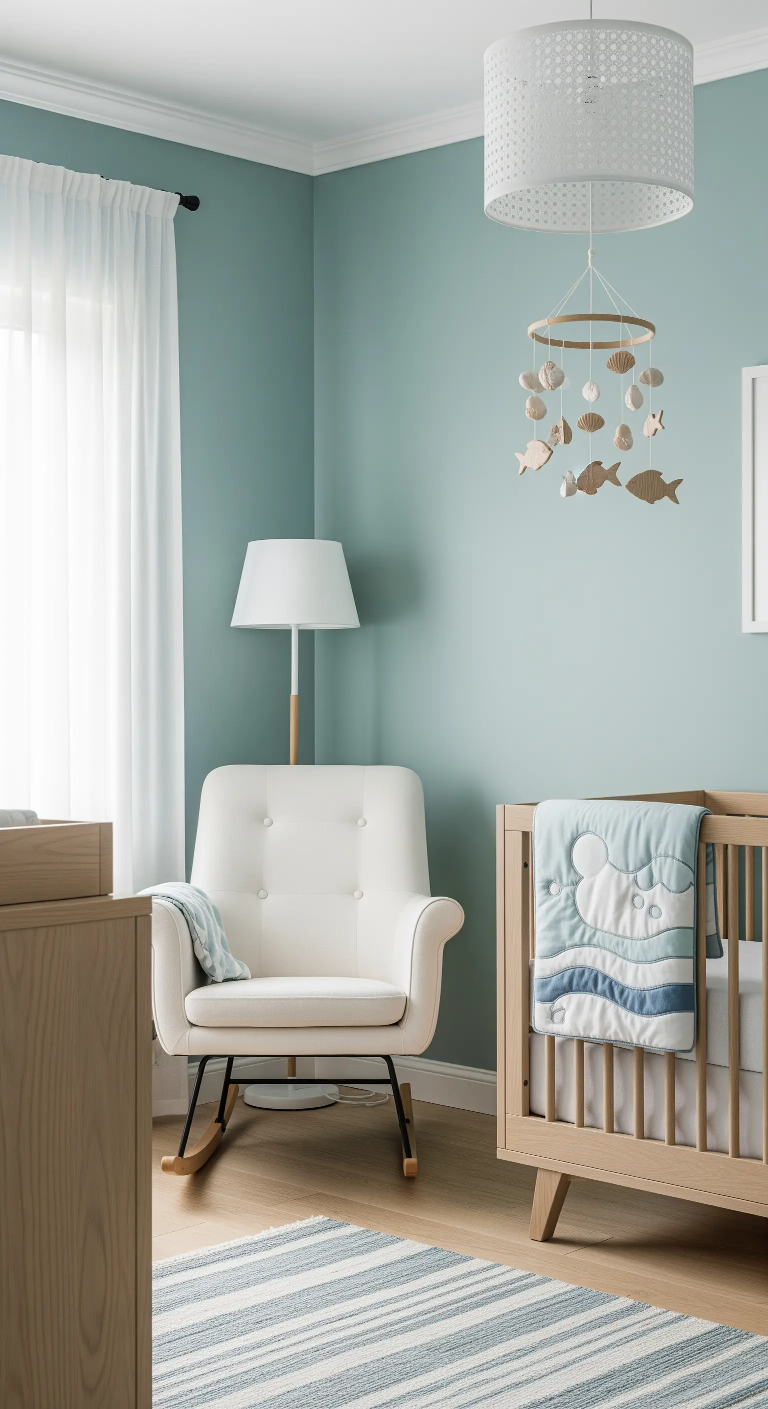 Kinderzimmer in Aqua mit Holz-Mobile, Babybett und Schaukelstuhl