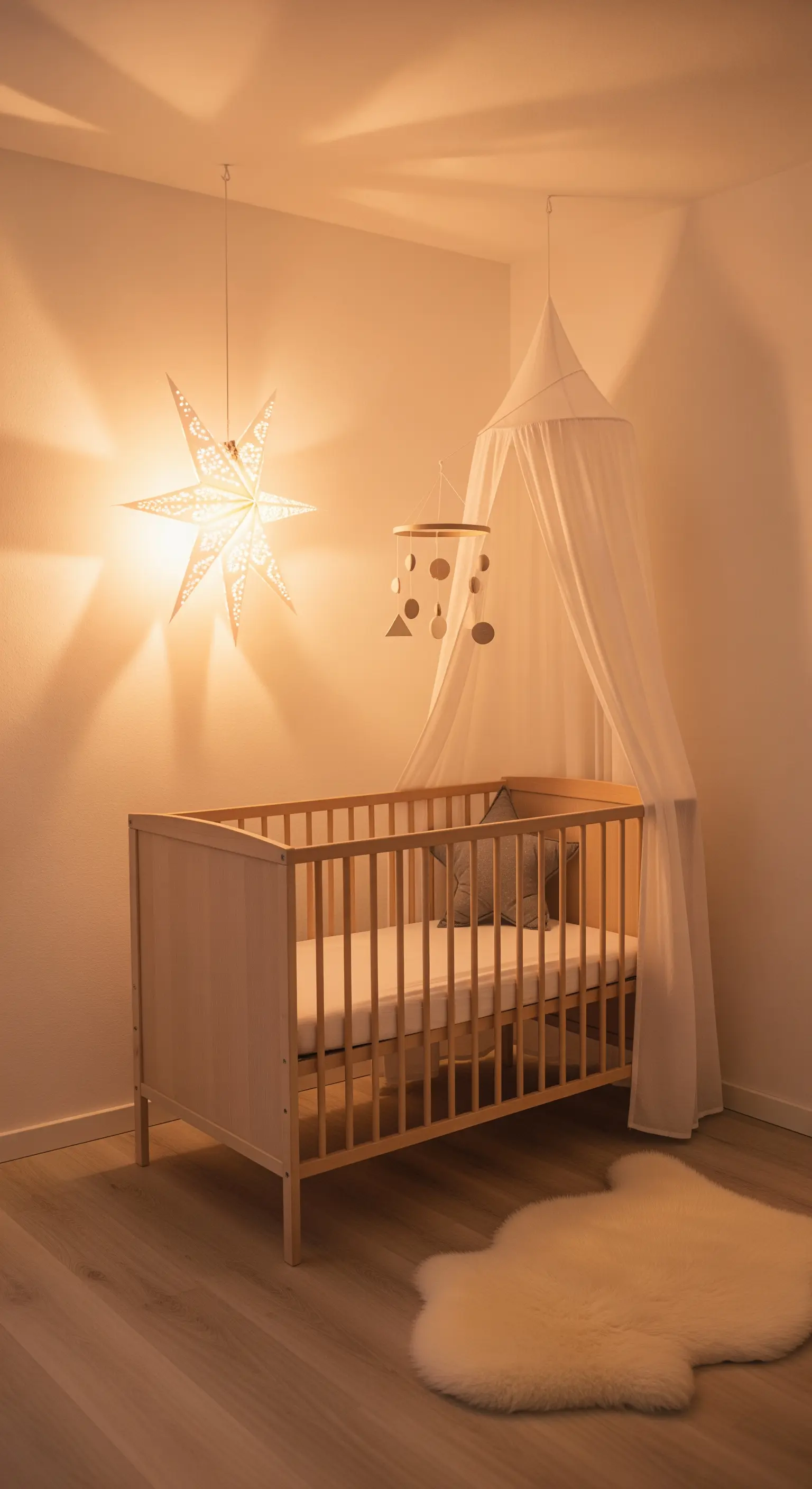 Babyzimmer mit Holzbett, Baldachin, Mobile und leuchtendem Stern an der Wand.
