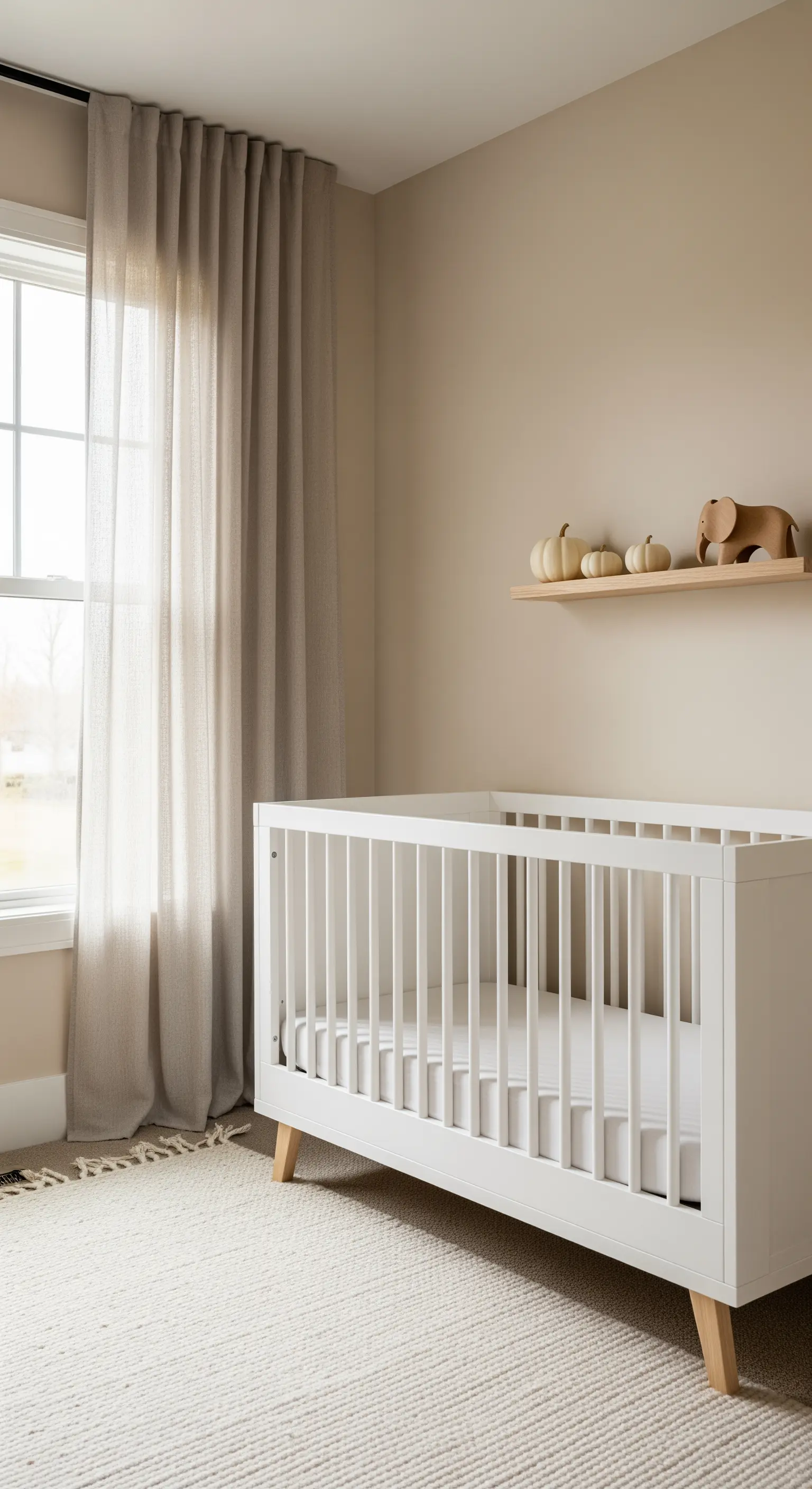 Kinderzimmer-Regal mit weißen Kürbissen und Holzspielzeug