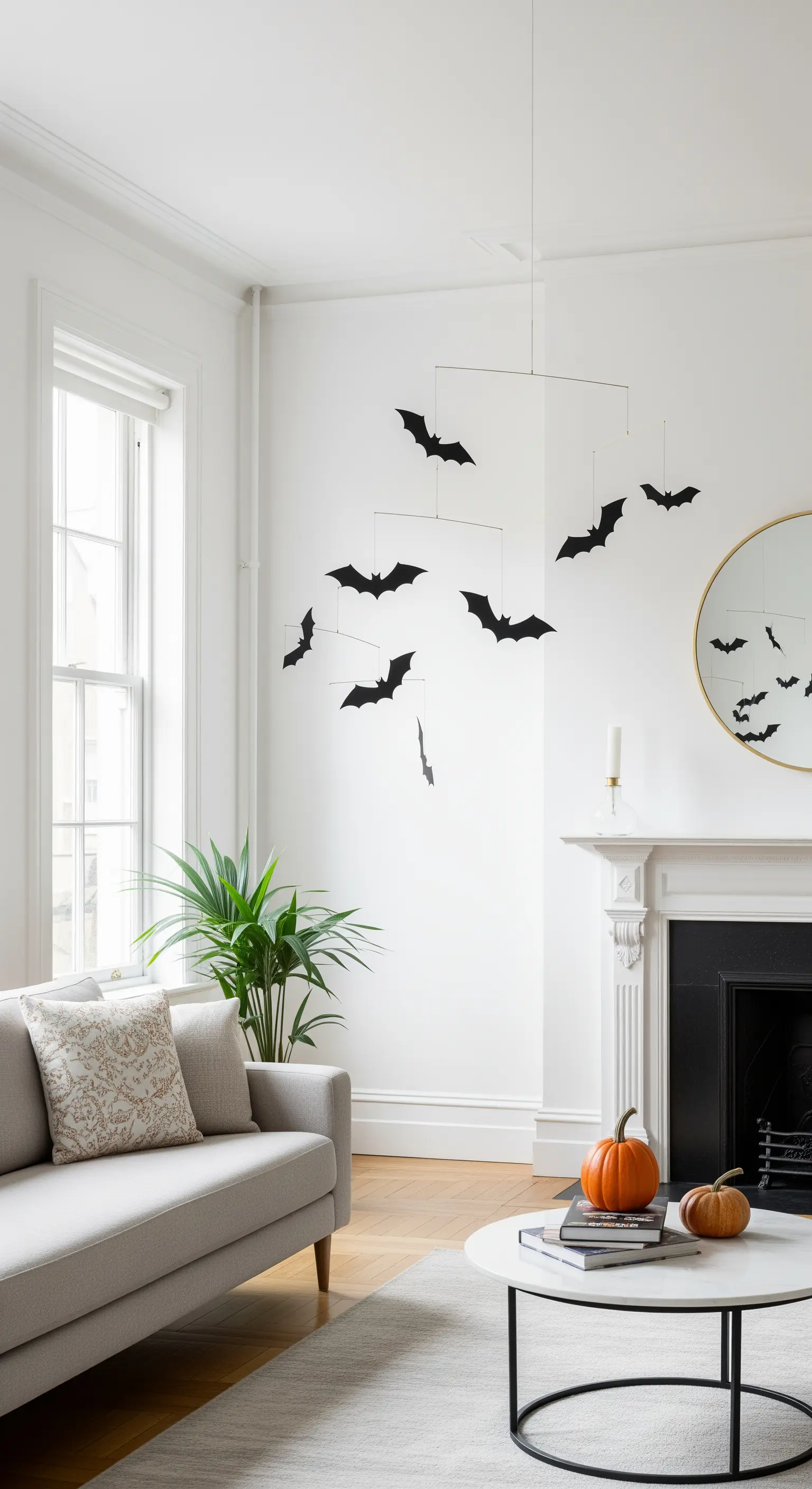 Modernes Fledermaus-Mobile schwebt über einem Couchtisch im Wohnzimmer